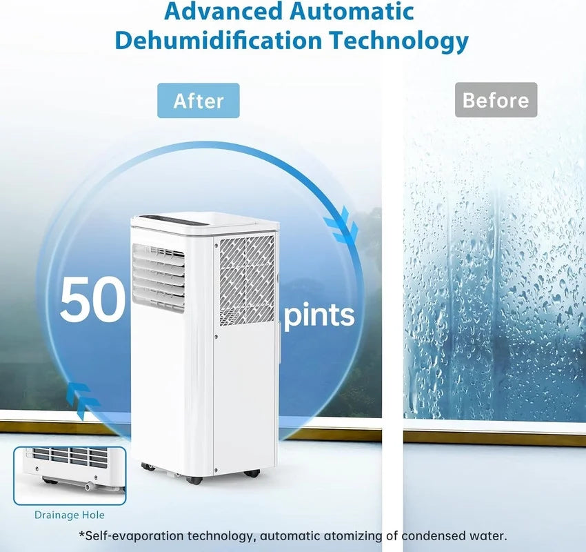 Nouveauté 2026 – Climatiseur portable 10000 BTU, 4 en 1 (refroidissement/déshumidification/ventilation) avec télécommande, commandes tactiles LED, minuterie 24 h et kit de fixation pour fenêtre. Ce climatiseur rafraîchit des pièces jusqu'à 450 pi² (e