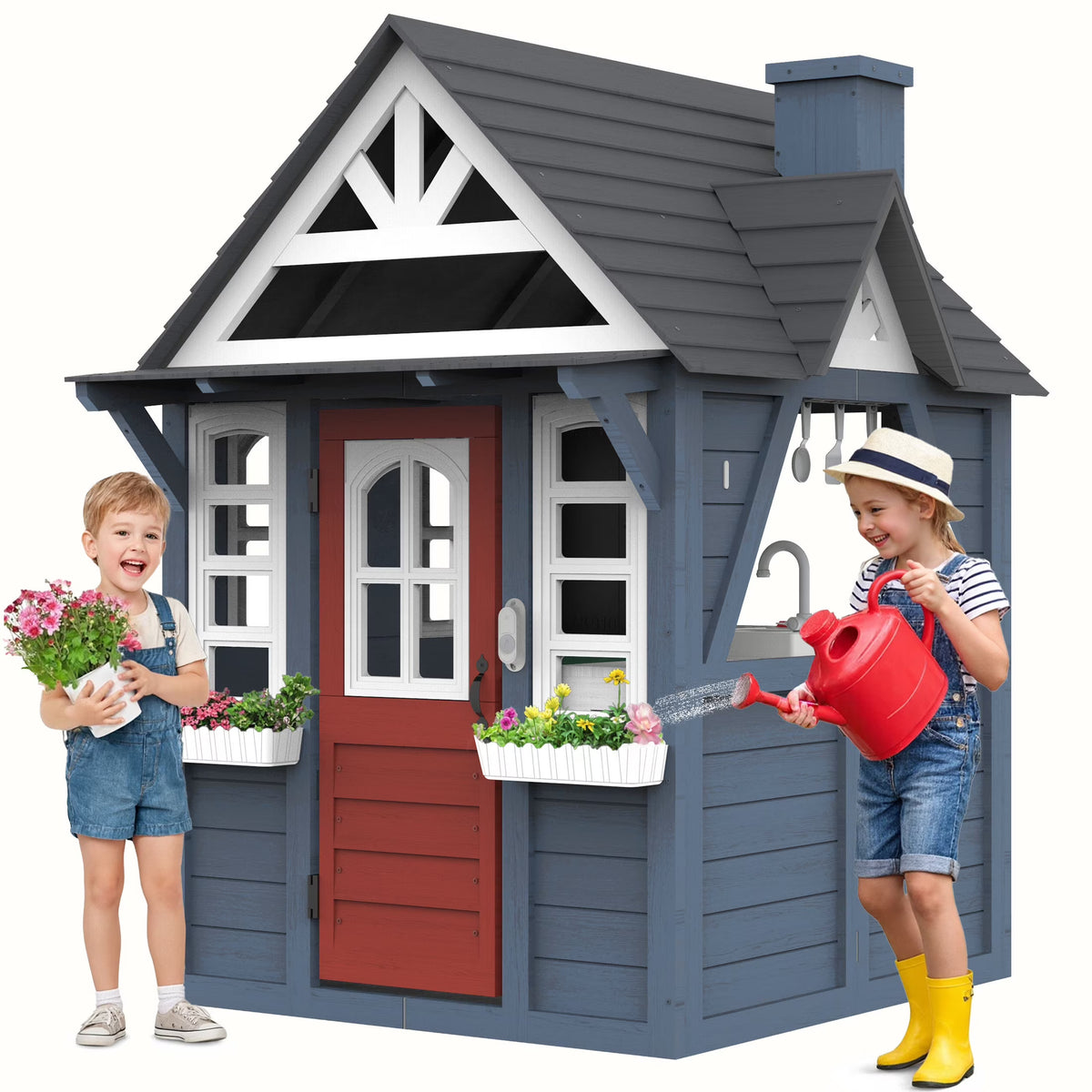 Nouveauté 2026 – Maisonnette d'extérieur COCLUB pour enfants de 4 à 8 ans, en bois, avec sonnette, téléphone et jouets de cuisine. Dimensions : 114 cm (L) x 165 cm (H). Couleurs : blanc et noir