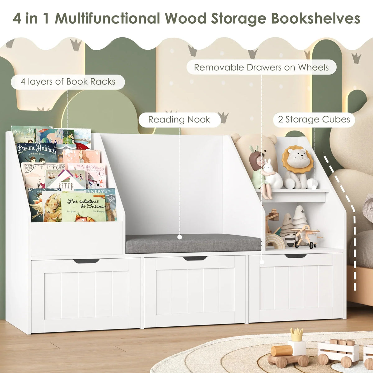 Nouveauté 2026 – Bibliothèque pour enfants Homfa avec coin lecture et 3 tiroirs amovibles, bibliothèque à 2 cubes avec étagères à livres à 4 niveaux, rangement pour jouets et jouets, idéale pour la chambre ou la salle de jeux, blanche