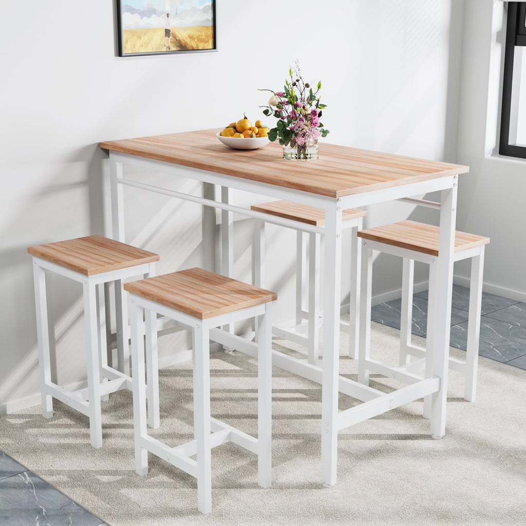 Nouveauté 2026 – Ensemble de table haute 5 places , table de bar et tabourets assortis, table à manger minimaliste avec tabourets sans dossier, ensemble table et chaises de bar avec plateau en bois pour cuisine, appartement ou bistrot - Gain de place