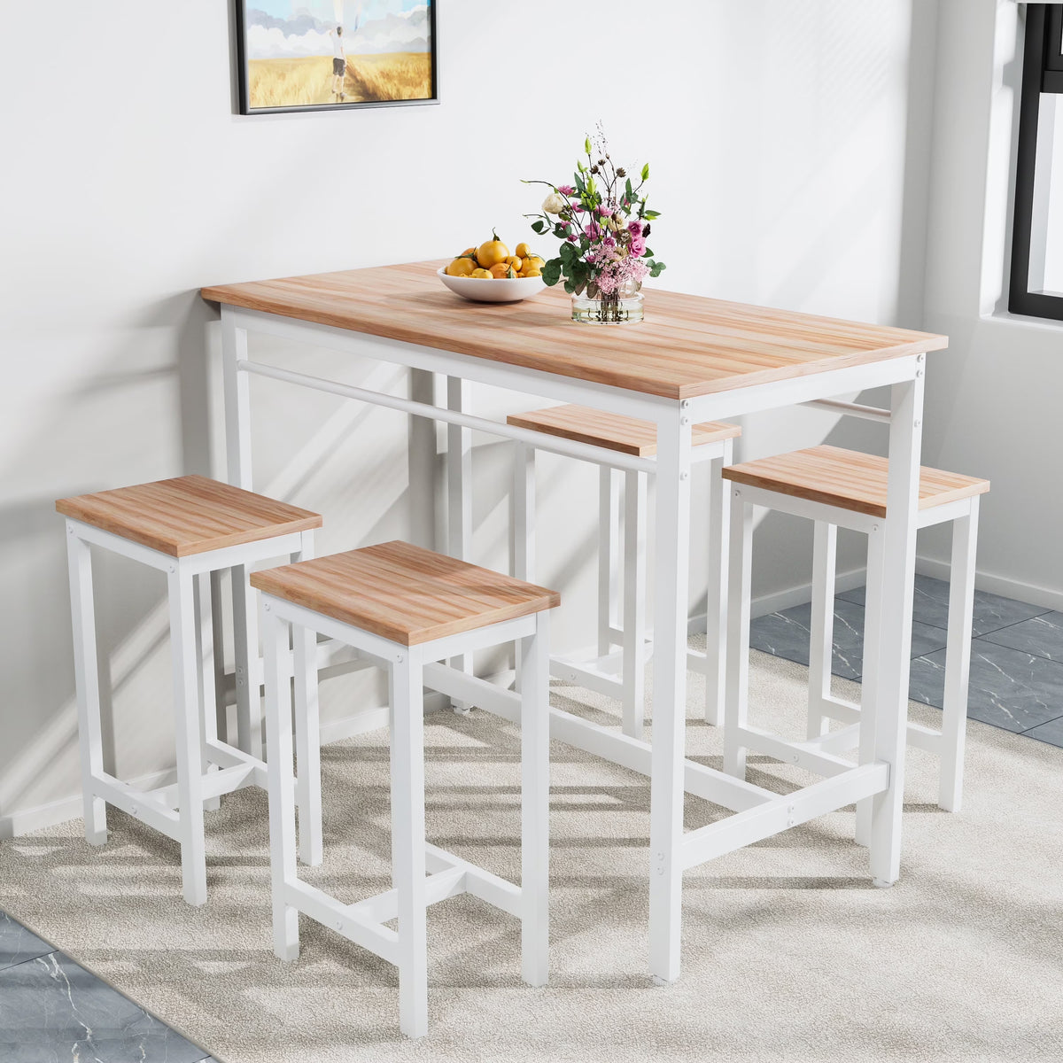 Nouveauté 2026 – Ensemble de table haute 5 places , table de bar et tabourets assortis, table à manger minimaliste avec tabourets sans dossier, ensemble table et chaises de bar avec plateau en bois pour cuisine, appartement ou bistrot - Gain de place