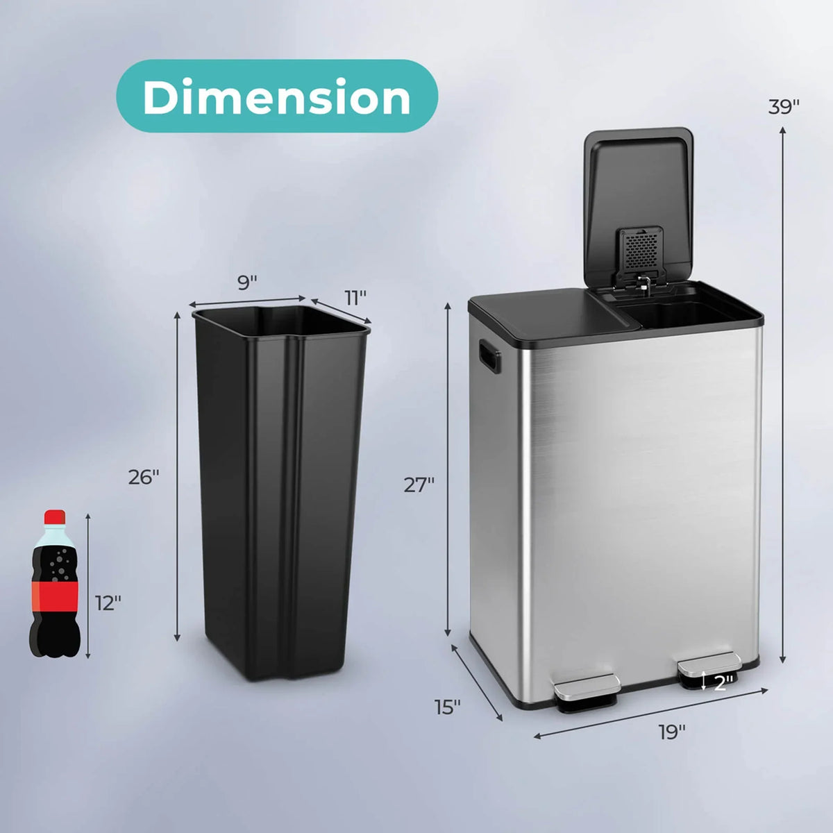 Nouveauté 2026 – Poubelle à pédale double marche Costway 16 gallons (60 litres) argentée, en acier inoxydable