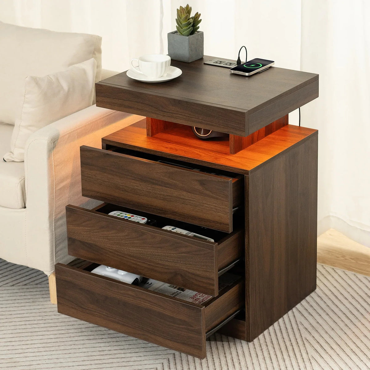 Nouveauté 2026 – Table de chevet LED Hommpa avec station de charge sans fil, ports USB Type-C, 3 tiroirs, finition laquée noire, style moderne et élégant, hauteur 68 cm (26,8 pouces). Idéale pour la chambre à coucher