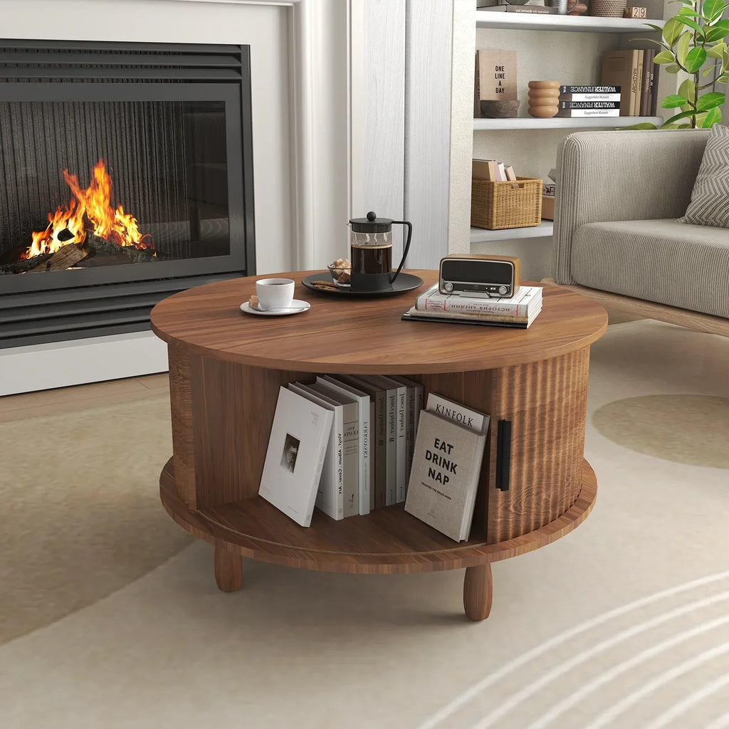 Nouveauté 2026 – Table basse ronde RUMLIVE avec rangement, table basse moderne de 78 cm avec porte coulissante incurvée à 360°, table basse en bois cannelé avec patins, table centrale ronde pour salon, noire