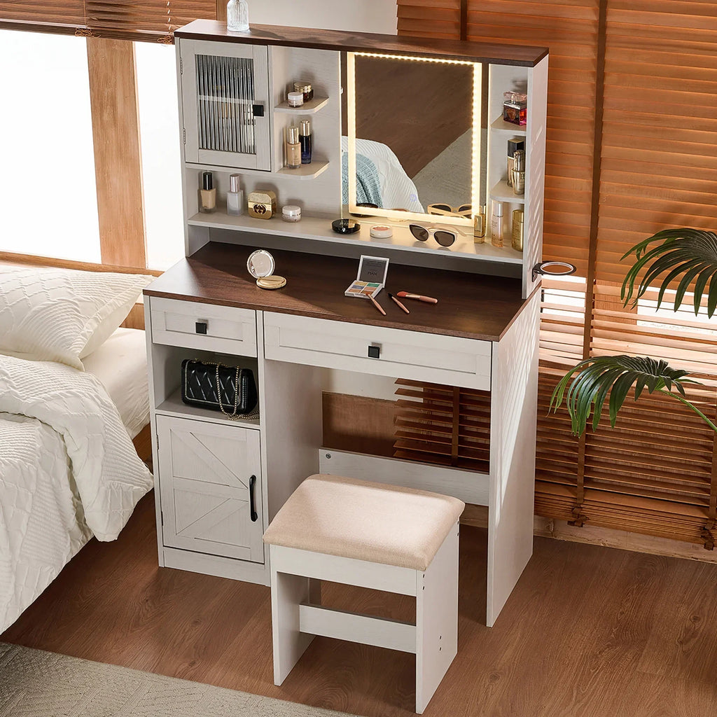 Nouveauté 2026 – Coiffeuse Farmhouse avec miroir et éclairage, ensemble coiffeuse avec station de charge et tabouret, tiroirs, étagères et armoire latérale, blanc