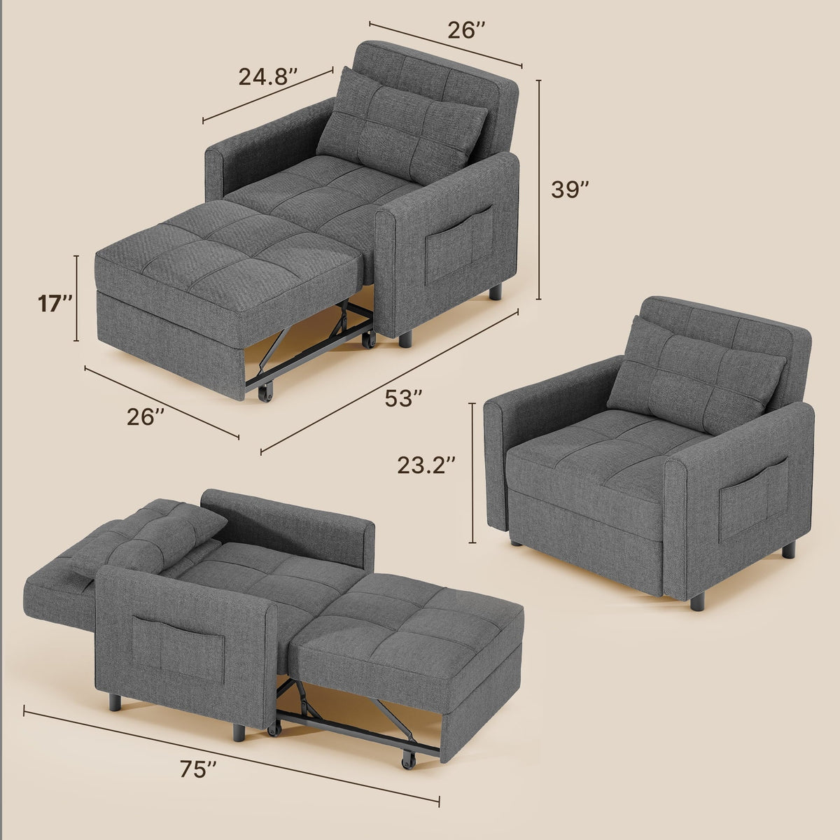 Nouveauté 2026 – Canapé-lit convertible 3 en 1 Aiho pour salon, gris foncé