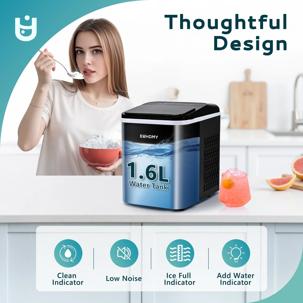 Nouveauté 2026 – Machine à glaçons EUHOMY , 16 kg/24 h, à poser, avec fonction autonettoyante, noire
