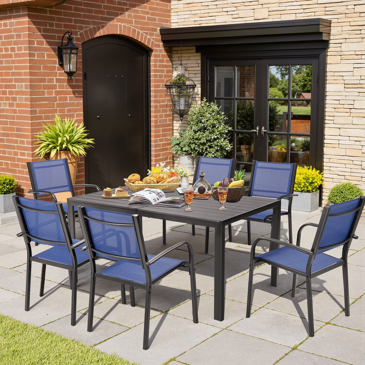 Nouveauté 2026 – Ensemble de salle à manger d'extérieur 7 pièces , comprenant une table et des chaises pour 6 personnes, un plateau en plastique imitation bois et un mobilier de jardin en textilène. Idéal pour terrasse ou patio