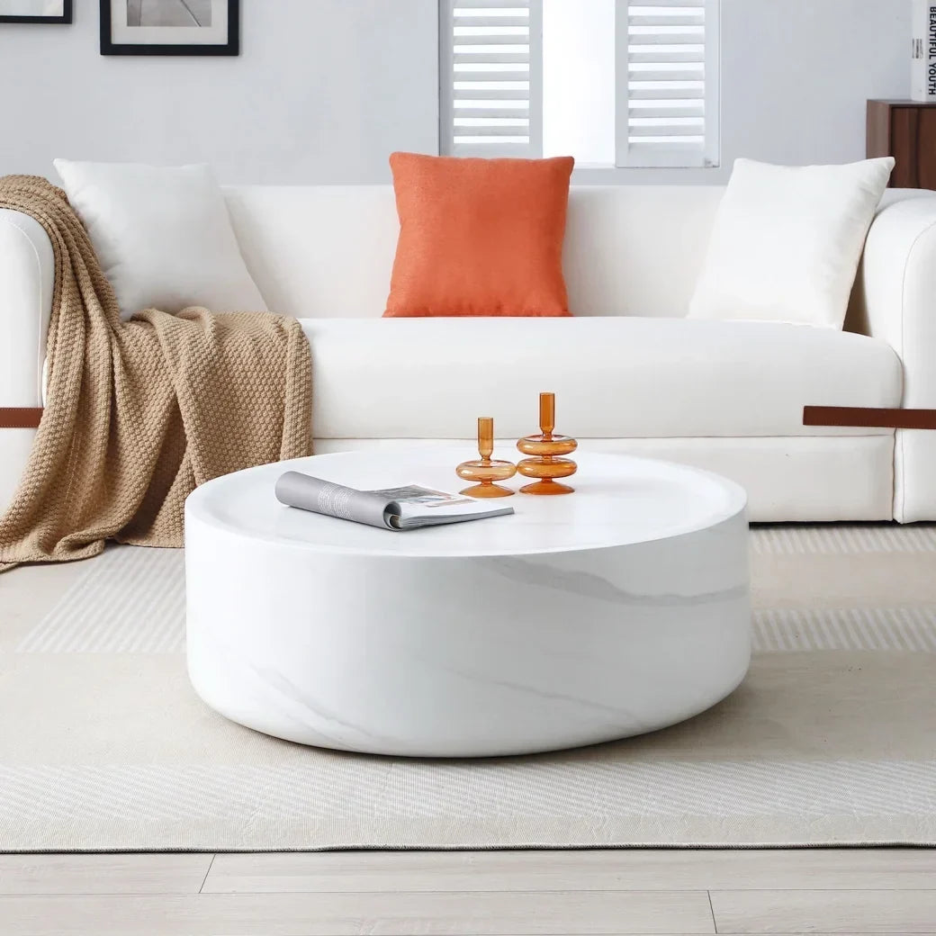 Nouveauté 2026 – Table basse ronde 31,49'' avec texture marbre, table basse circulaire moderne en fibre de verre, table d'appoint pour salon ou extérieur, livrée montée, finition marbre