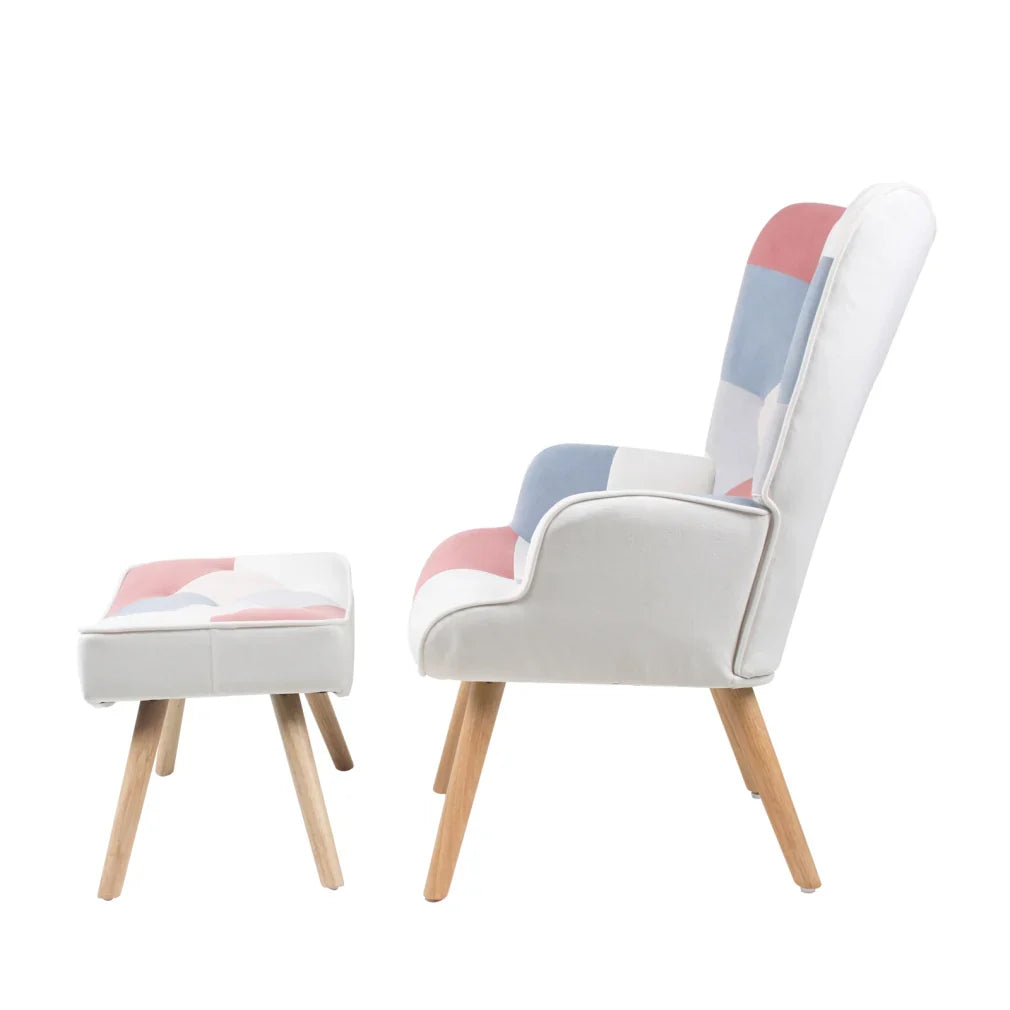 Nouveauté 2026 – Fauteuil d'appoint moderne avec pieds en bois massif et dossier haut à oreilles, ensemble de fauteuil avec repose-pieds, fauteuil confortable pour salon, salle de lecture, chambre, patchwork coloré