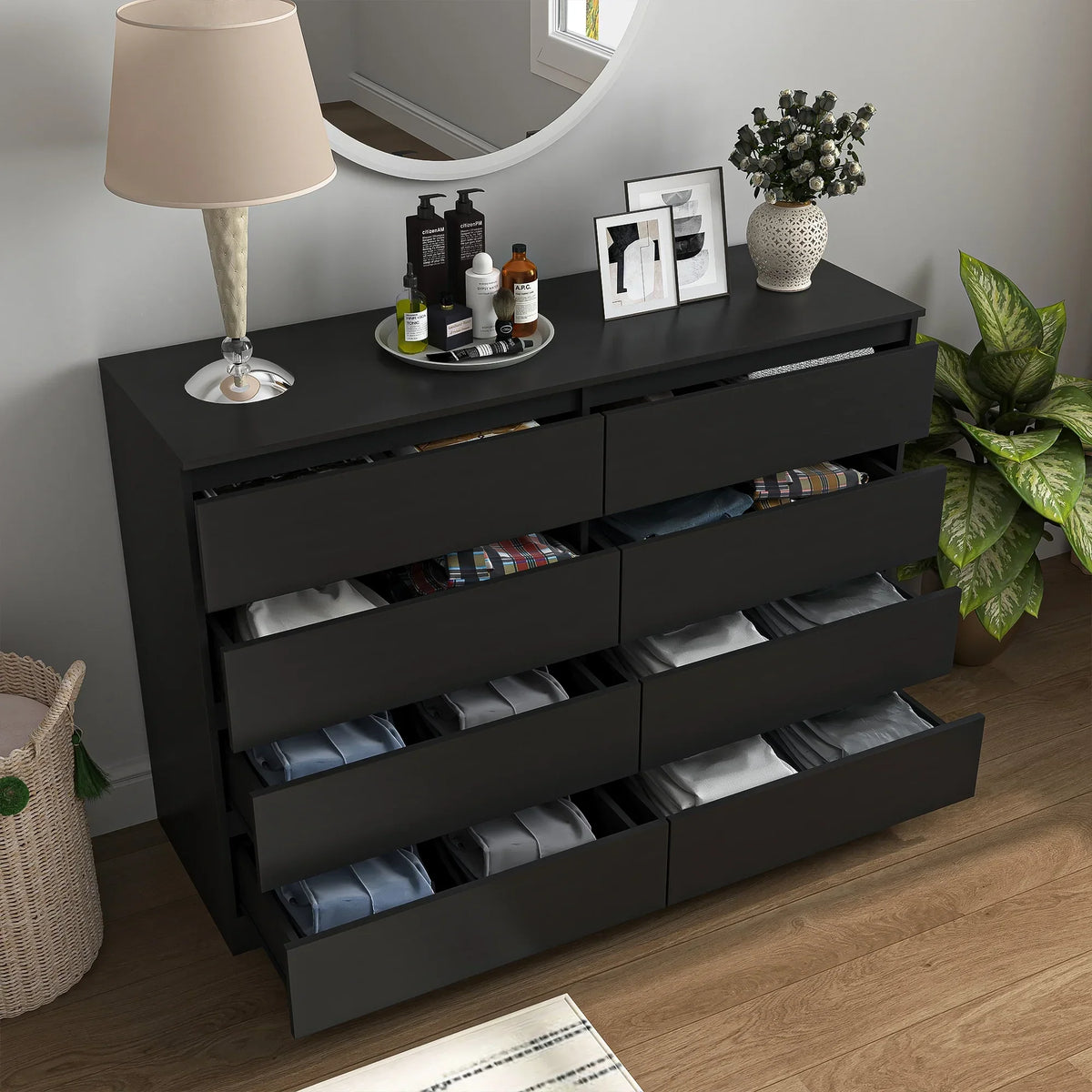 Nouveauté 2026 – Commode Resenkos moderne style milieu du siècle, 6 tiroirs, large, pour chambre à coucher, grise
