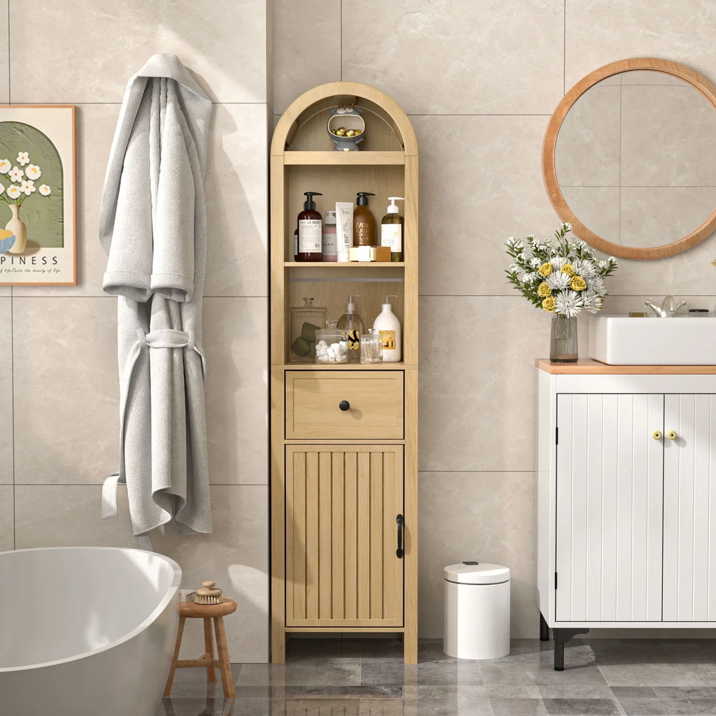 Nouveauté 2026 – Armoires de rangement hautes pour salle de bain Fiogmub avec portes et étagères, armoire à linge haute et étroite avec tiroir