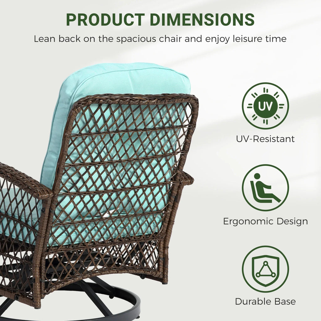 Nouveauté 2026 – Ensemble de 3 fauteuils à bascule pivotants pour patio, 2 fauteuils à bascule pivotants à 360 degrés et 1 table basse en verre, ensemble bistro d'extérieur en rotin PE avec coussins pour balcon, terrasse, piscine, jardin ou véranda