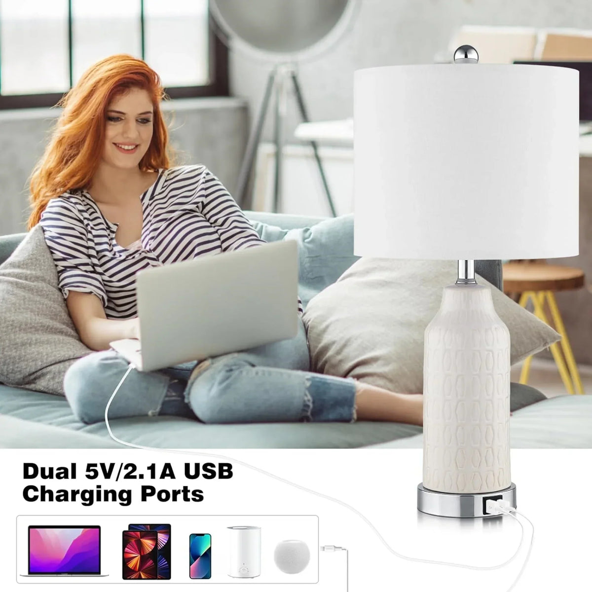 Nouveauté 2026 – Ensemble de 2 lampes de table Cinkeda pour salon et chambre à coucher, avec ports USB, prise secteur, intensité réglable à 3 niveaux, veilleuse tactile, style champêtre, motif floral blanc, lampes de chevet