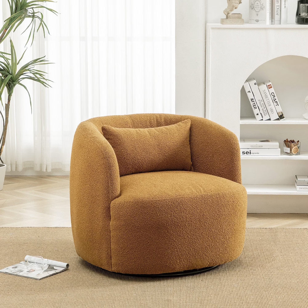 Nouveauté 2026 – Fauteuil pivotant rond 34" en bouclette de 86 cm de large, sans assemblage, avec coussin décoratif, idéal pour le salon et la chambre, couleur taupe