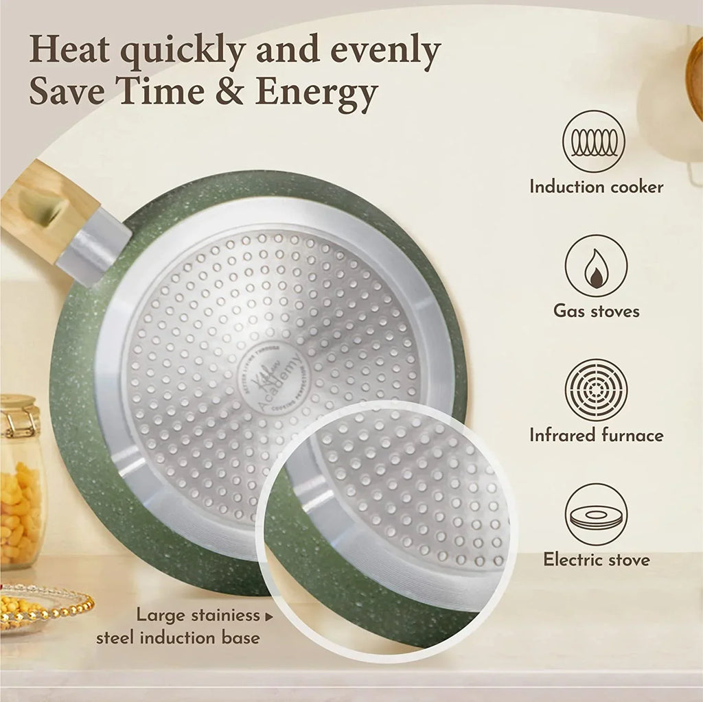 Nouveauté 2026 – Ensemble de 17 pièces de cuisine à induction Kitchen Academy avec plaque de cuisson, casseroles et poêles antiadhésives en granit vert, pour une cuisson saine