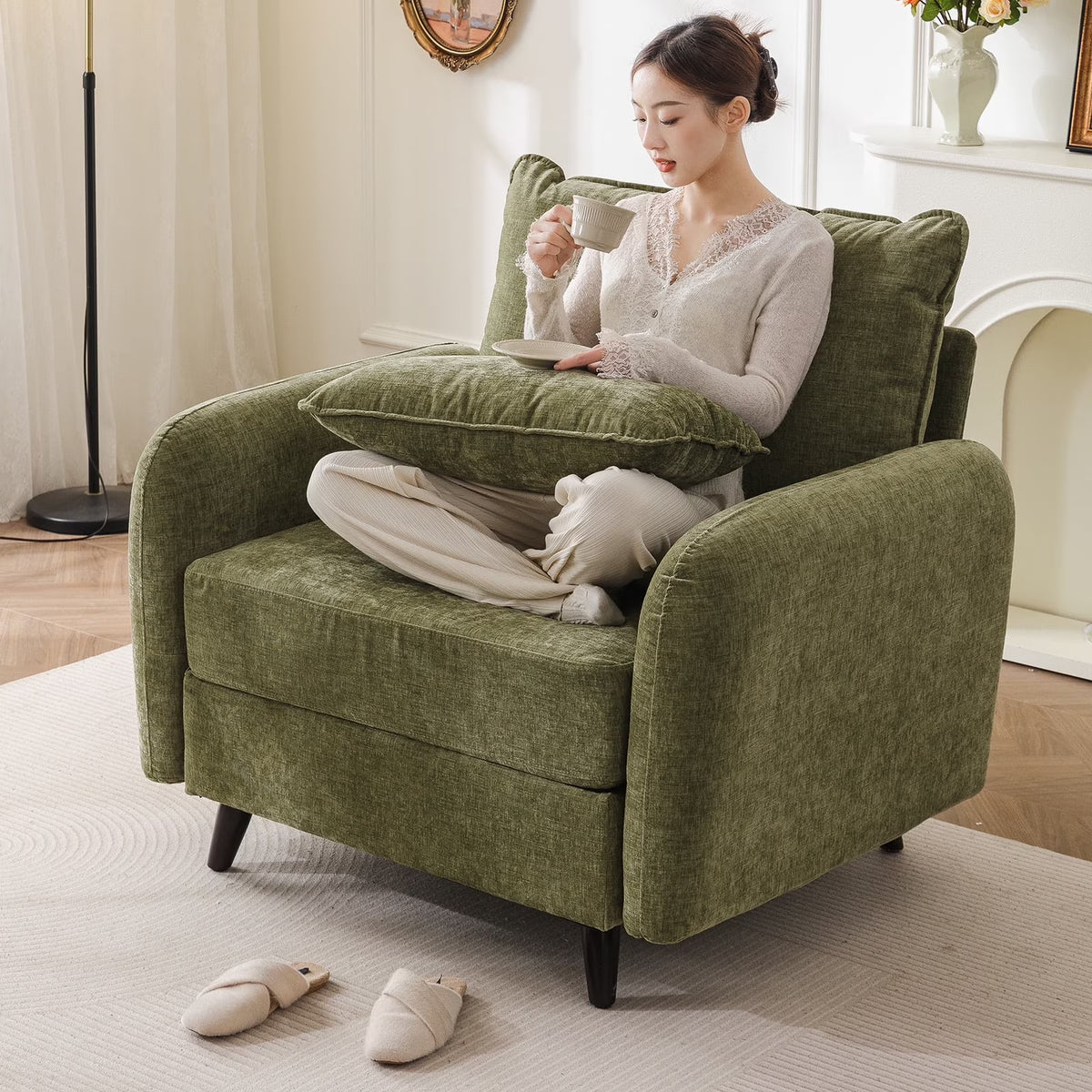 Nouveauté 2026 – Fauteuil d'appoint surdimensionné Rexulqo avec rangement intégré, confortable pour le salon, livré avec 2 coussins décoratifs, fauteuil rembourré style milieu du siècle, assise profonde de 62 cm, fauteuil de lecture pour chambre ou b