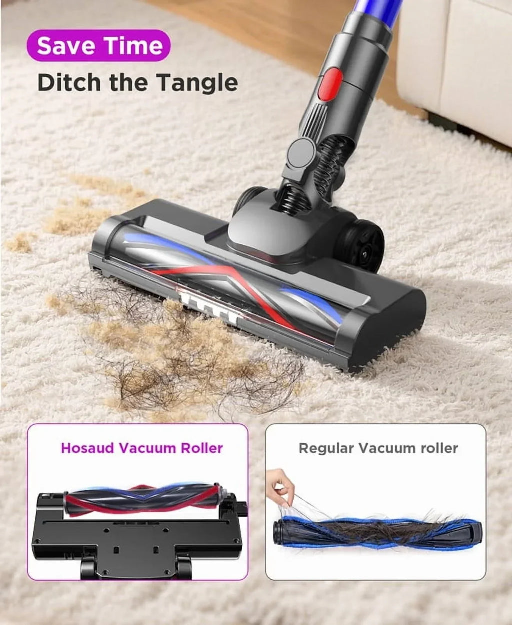 Nouveauté 2026 – Aspirateur sans fil Hosaud - 45 000 Pa, 550 W, 55 min d'autonomie, 2 600 mAh - Léger et idéal pour la maison, les poils d'animaux, les tapis et les sols (violet