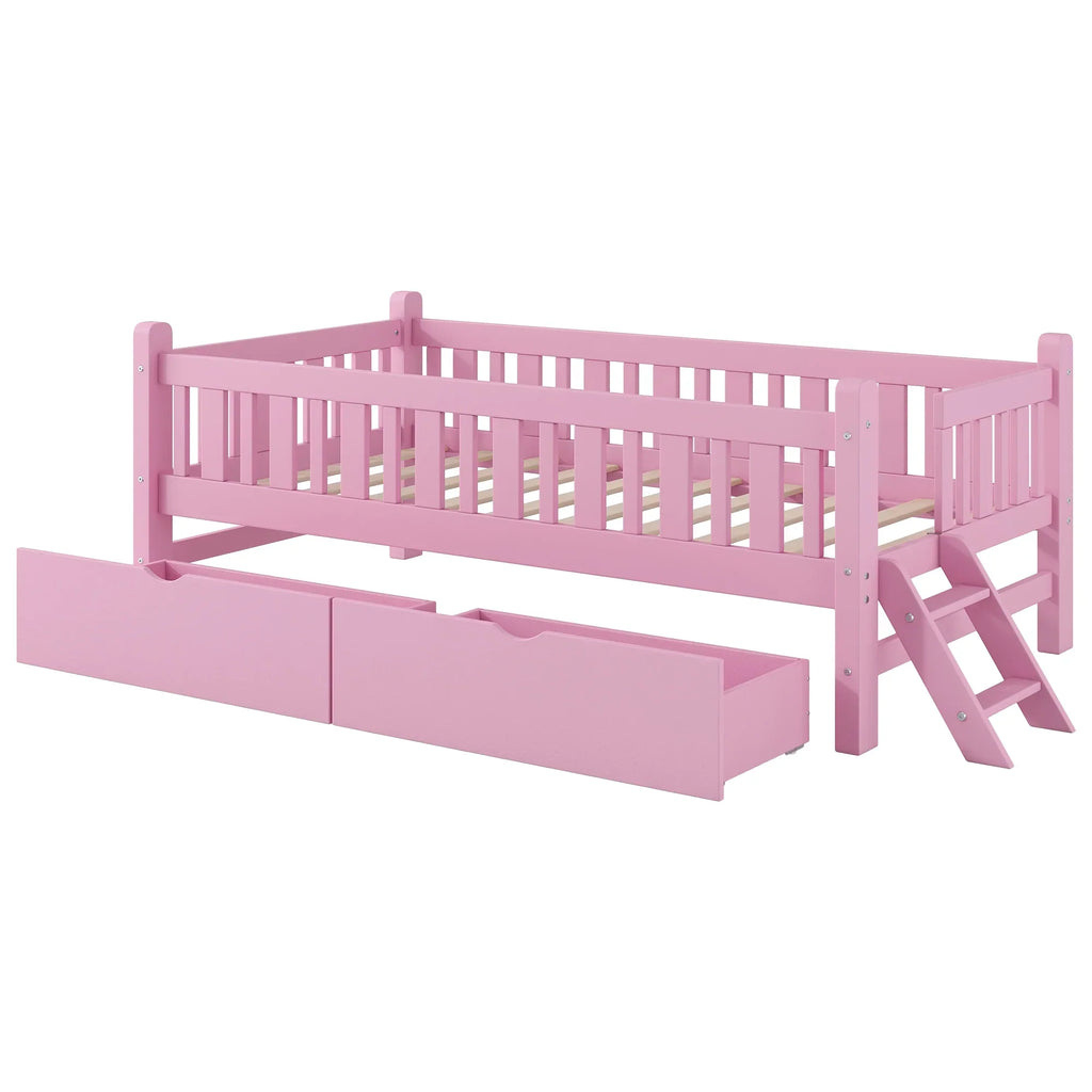 Nouveauté 2026 – Lit plateforme Euroco en bois, taille simple, avec 2 tiroirs et échelle, pour enfants et tout-petits, blanc