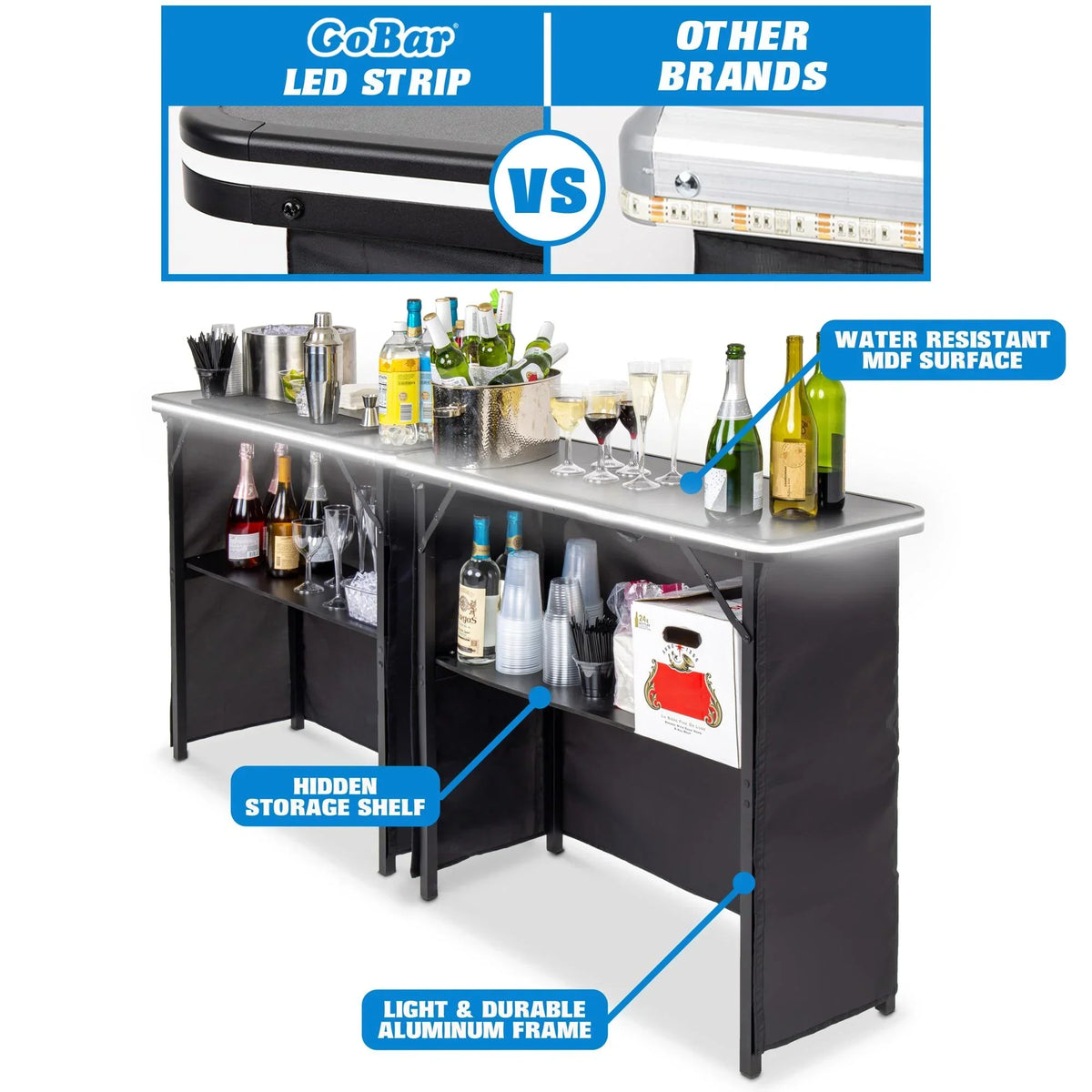 Nouveauté 2026 – Ensemble table de bar double portable GoBar avec lumières LED multicolores - Station de bar mobile pour événements - Étui de transport inclus