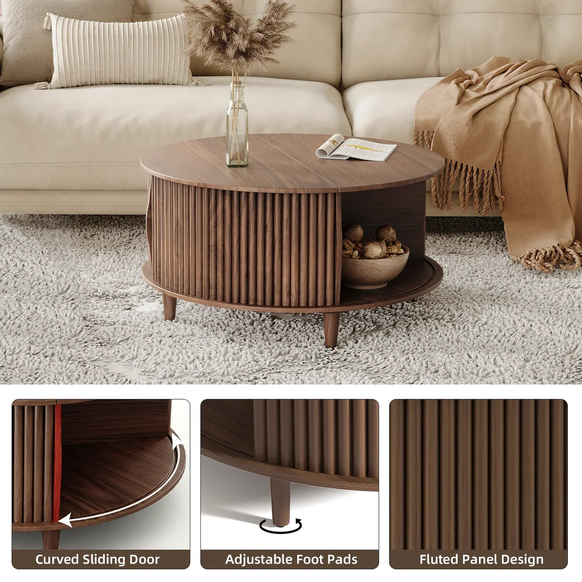 Nouveauté 2026 – Table basse ronde JOINICE avec rangement et porte coulissante, table centrale en bois de style moderne du milieu du siècle, pour salon, noyer