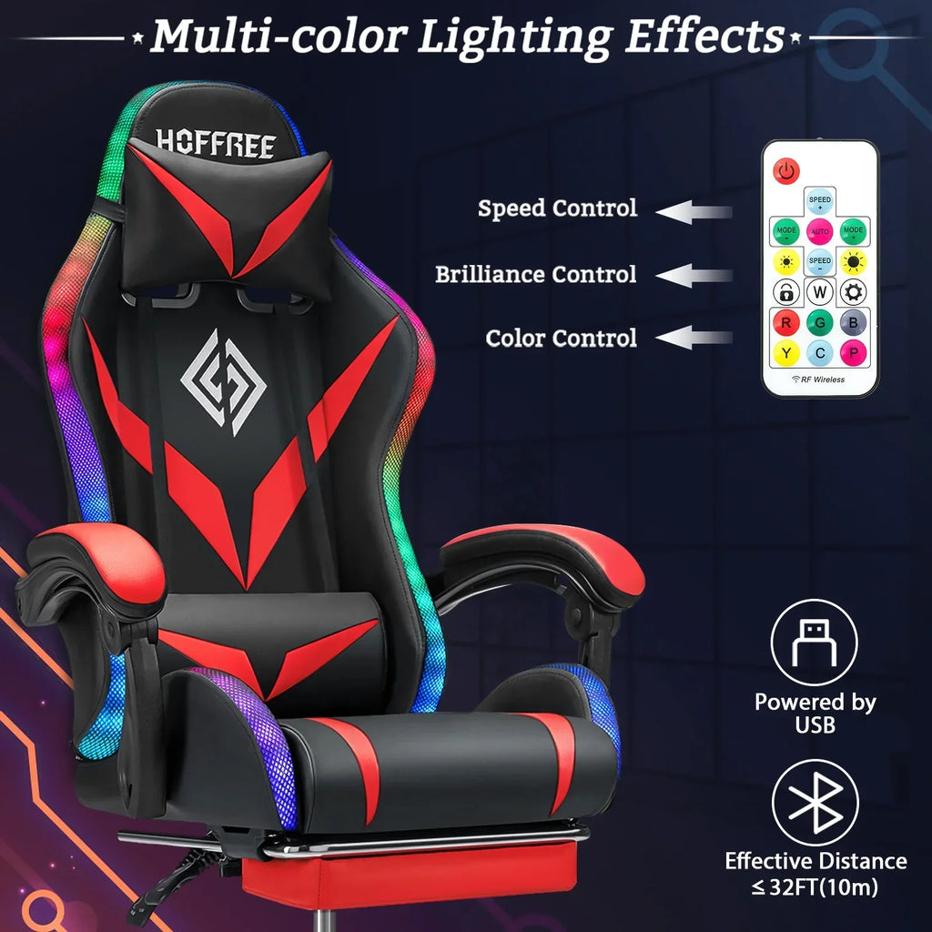 Nouveauté 2026 – Fauteuil de jeu Hoffree avec haut-parleurs intégrés, en cuir PU, repose-pieds et éclairage LED. Fauteuil ergonomique pour gamer avec massage, soutien lombaire et appui-tête pivotant et réglable. Idéal pour le télétravail et le bureau