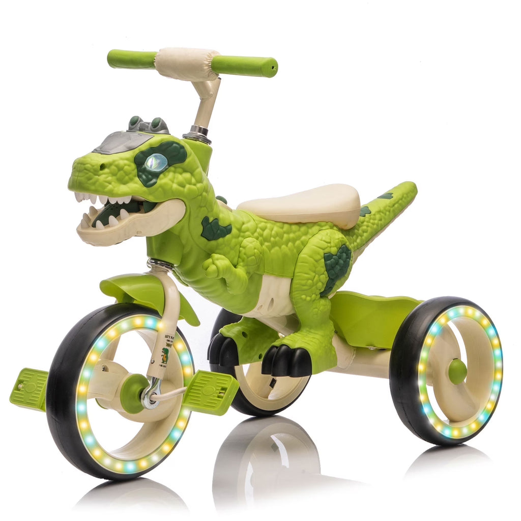Nouveauté 2026 – Tricycle dinosaure Xuanlur pour enfants , avec larges roues lumineuses, pédales antidérapantes, panier arrière, musique et lumières LED, jouet idéal pour les enfants de 3 à 6 ans (vert