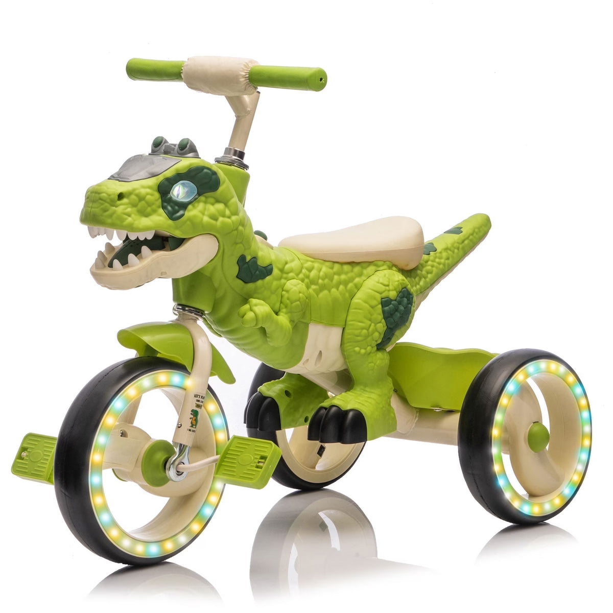 Nouveauté 2026 – Tricycle dinosaure Xuanlur pour enfants , avec larges roues lumineuses, pédales antidérapantes, panier arrière, musique et lumières LED, jouet idéal pour les enfants de 3 à 6 ans (vert