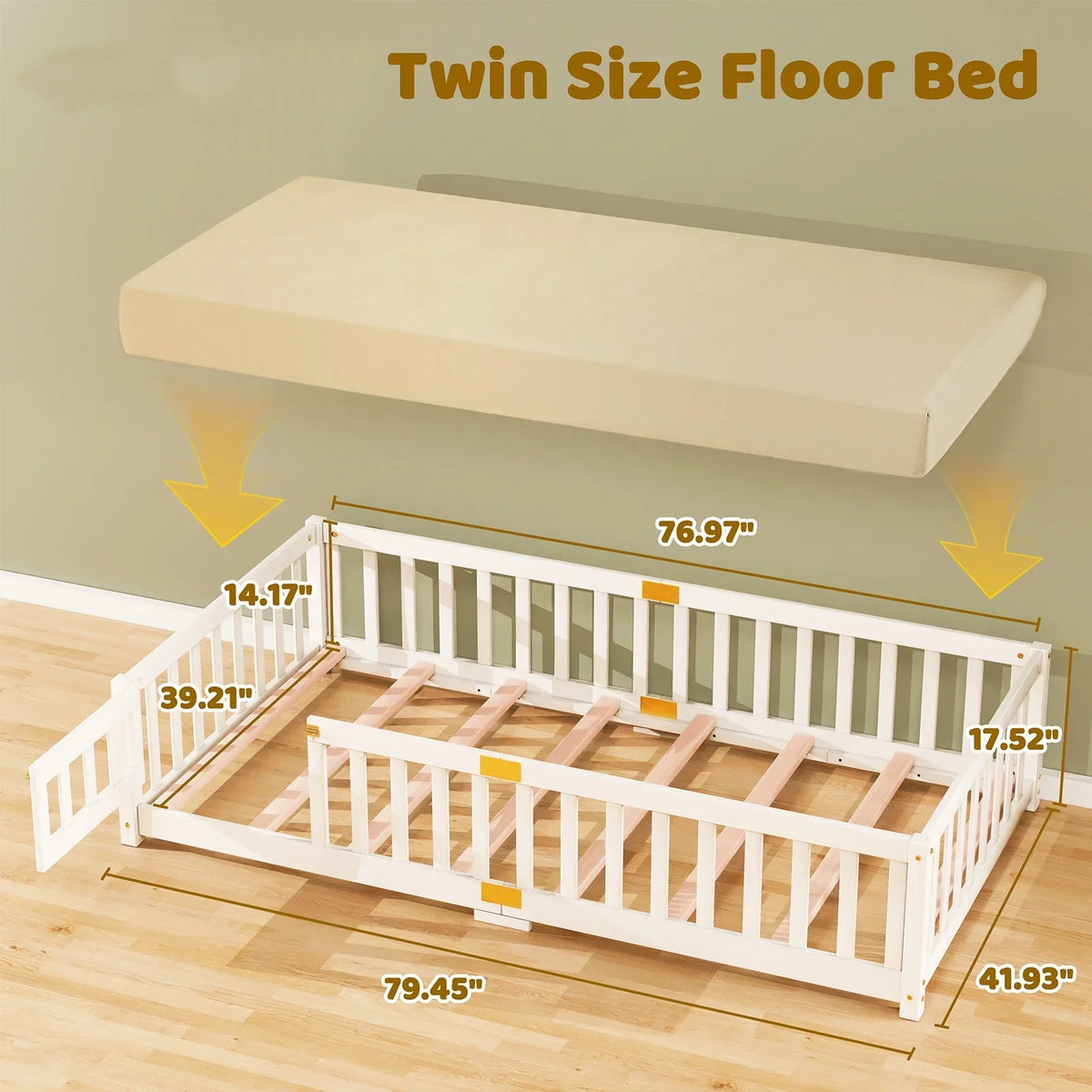 Nouveauté 2026 – Lit de sol Montessori pour tout-petits (taille jumelle), cadre de lit en bois massif avec barrière et porte, pour filles et garçons
