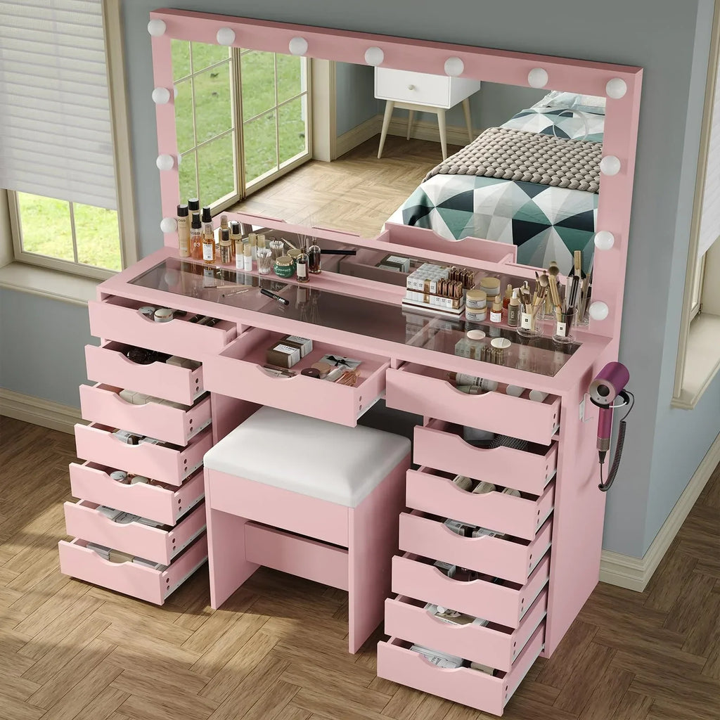 Nouveauté 2026 – Coiffeuse Yanosaku à 15 tiroirs avec prise électrique, miroir et 13 lumières LED, 3 modes d'éclairage de couleur, luminosité réglable, plateau en verre, ensemble coiffeuse pour chambre à coucher
