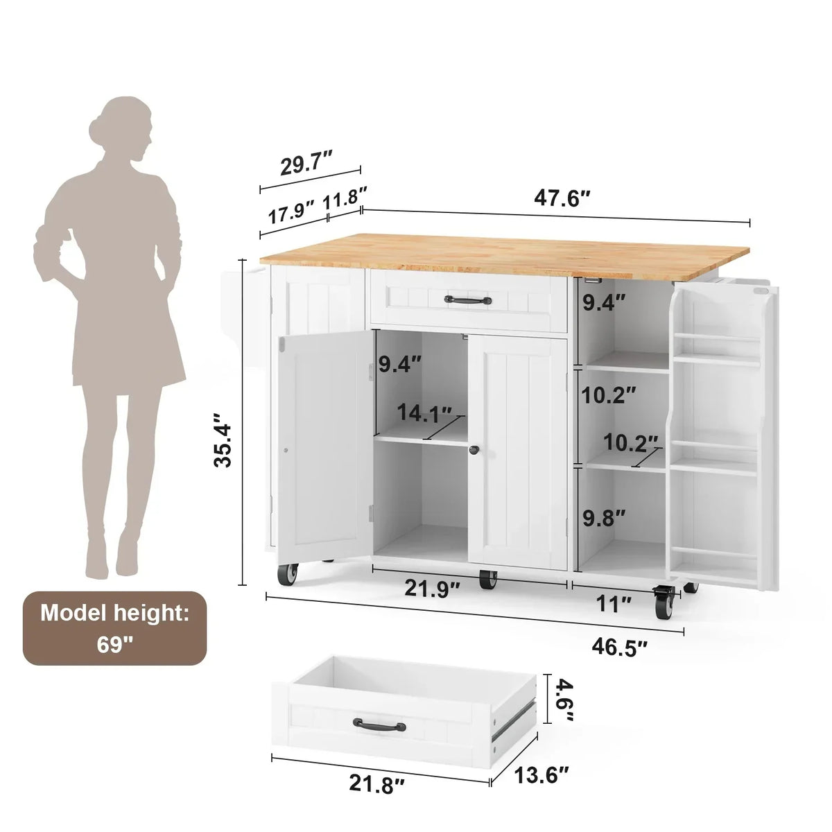 Nouveauté 2026 – Îlot de cuisine Noelse avec rangements, table d'appoint rabattable, porte-épices et porte-serviettes pour petites cuisines, blanc
