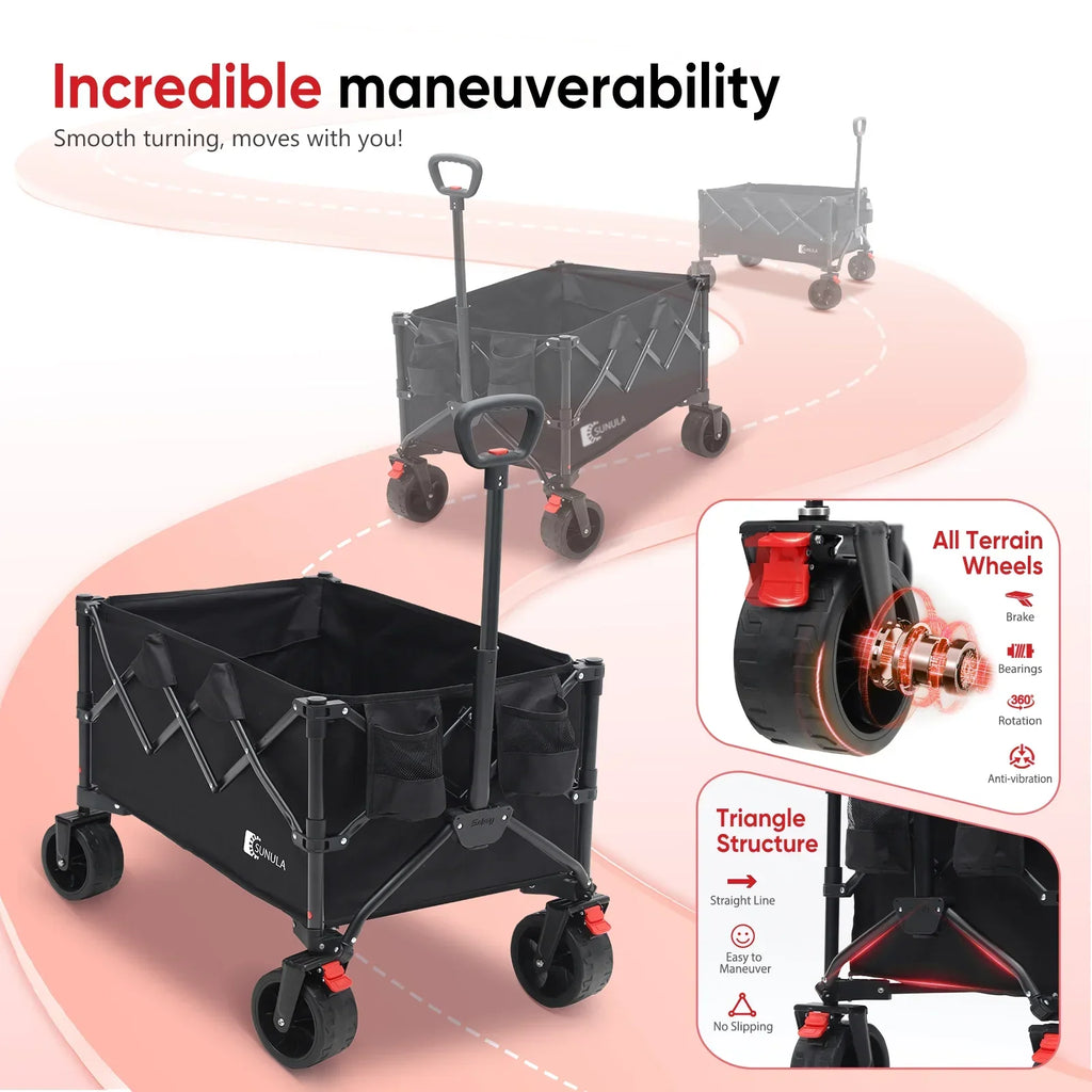Nouveauté 2026 – Chariot pliable Sekey , capacité 330 lb, grande capacité 220 L, robuste et pliable, avec roues tout-terrain, idéal pour le camping, la plage, le sport, les courses (noir, garantie 1 an