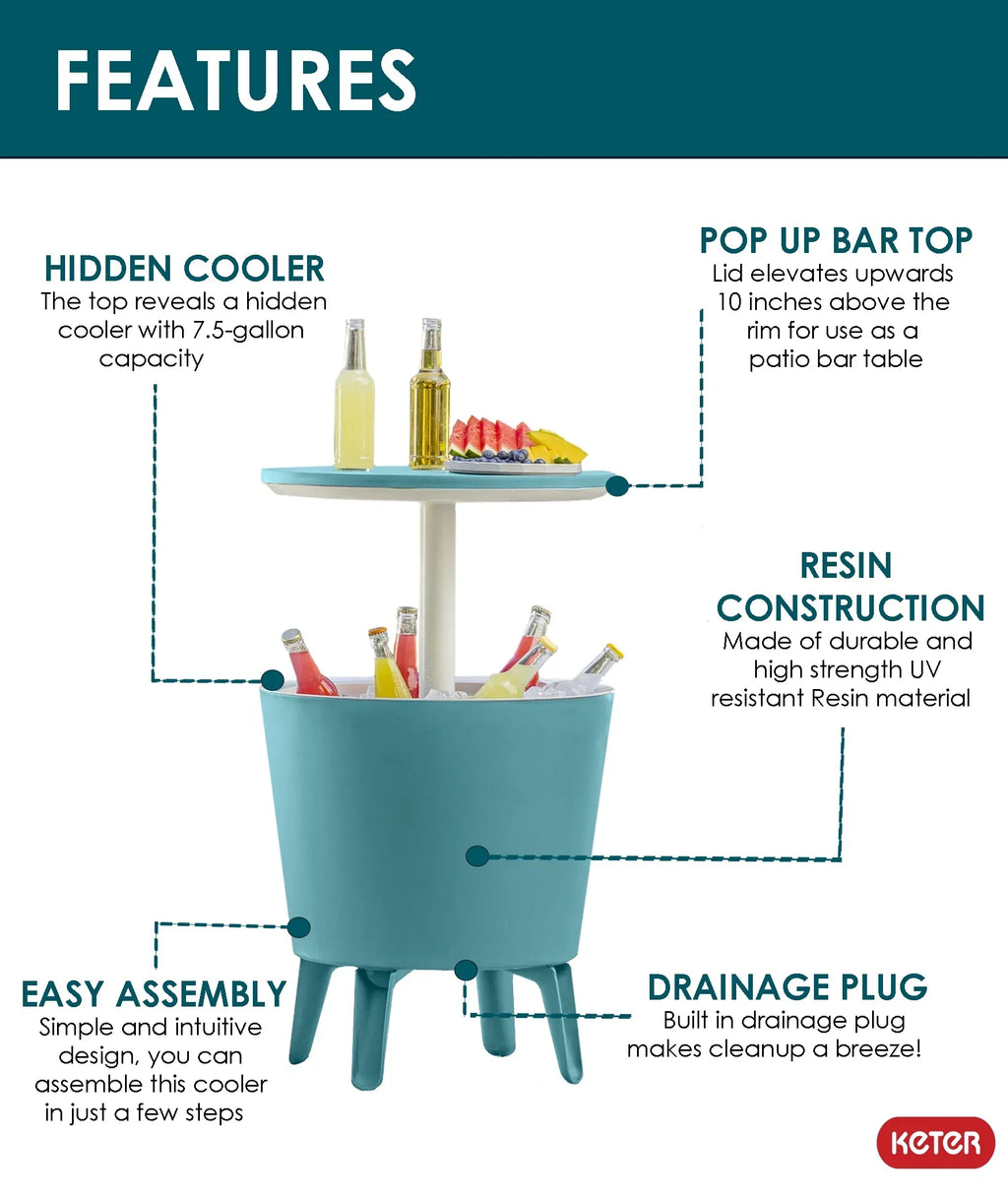 Nouveauté 2026 – Table d'appoint et bar isotherme Keter Pacific Cool Bar 2 en 1 de 28 litres (7,5 gallons), résistante aux intempéries, en résine durable, aspect rotin marron