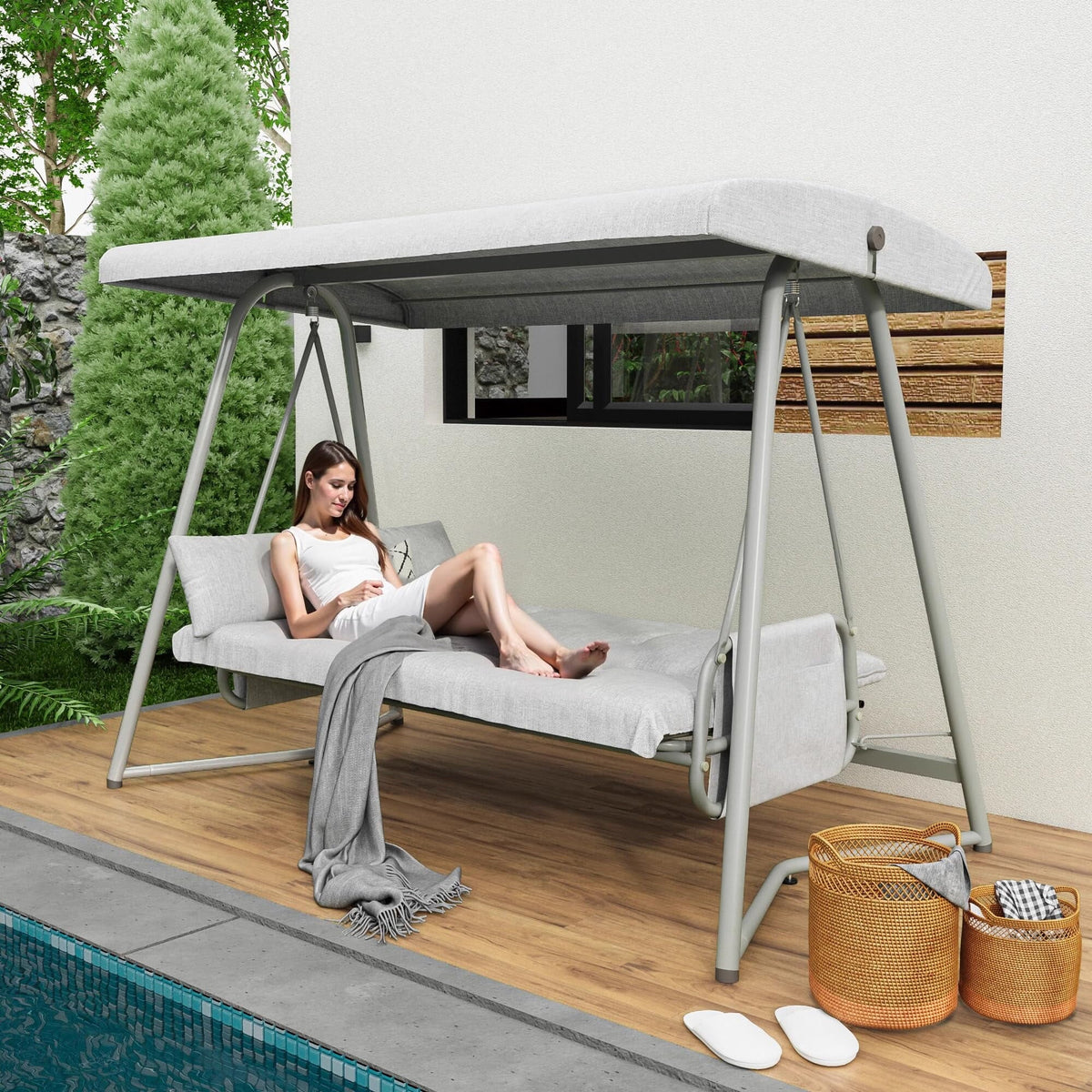 Nouveauté 2026 – Balancelle d'extérieur surdimensionnée 4 places TQKVIPI avec dossier réglable et auvent, convertible en lit suspendu 2 en 1 (capacité de 363 kg), avec coussins amovibles, idéale pour jardin, terrasse, piscine ou balcon