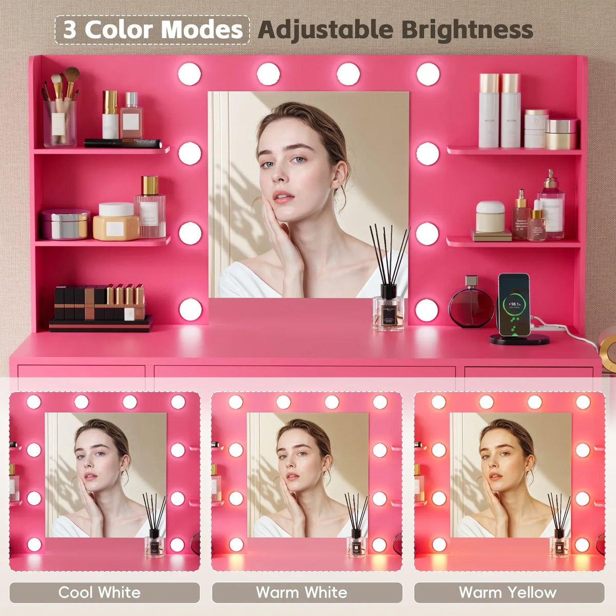 Nouveauté 2026 – Coiffeuse Lacoo avec miroir et éclairage LED, meuble de maquillage avec 7 tiroirs et 4 étagères, table de toilette avec prise électrique pour chambre ou dressing, blanche