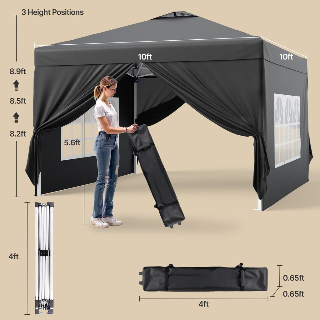 Nouveauté 2026 – Tente pliante 3 x 3 m avec 4 parois latérales amovibles – Tente extérieure portable Lofka avec 4 sacs de sable, 8 piquets et cordes – Idéale pour la plage, les fêtes, la terrasse et le jardin, noire