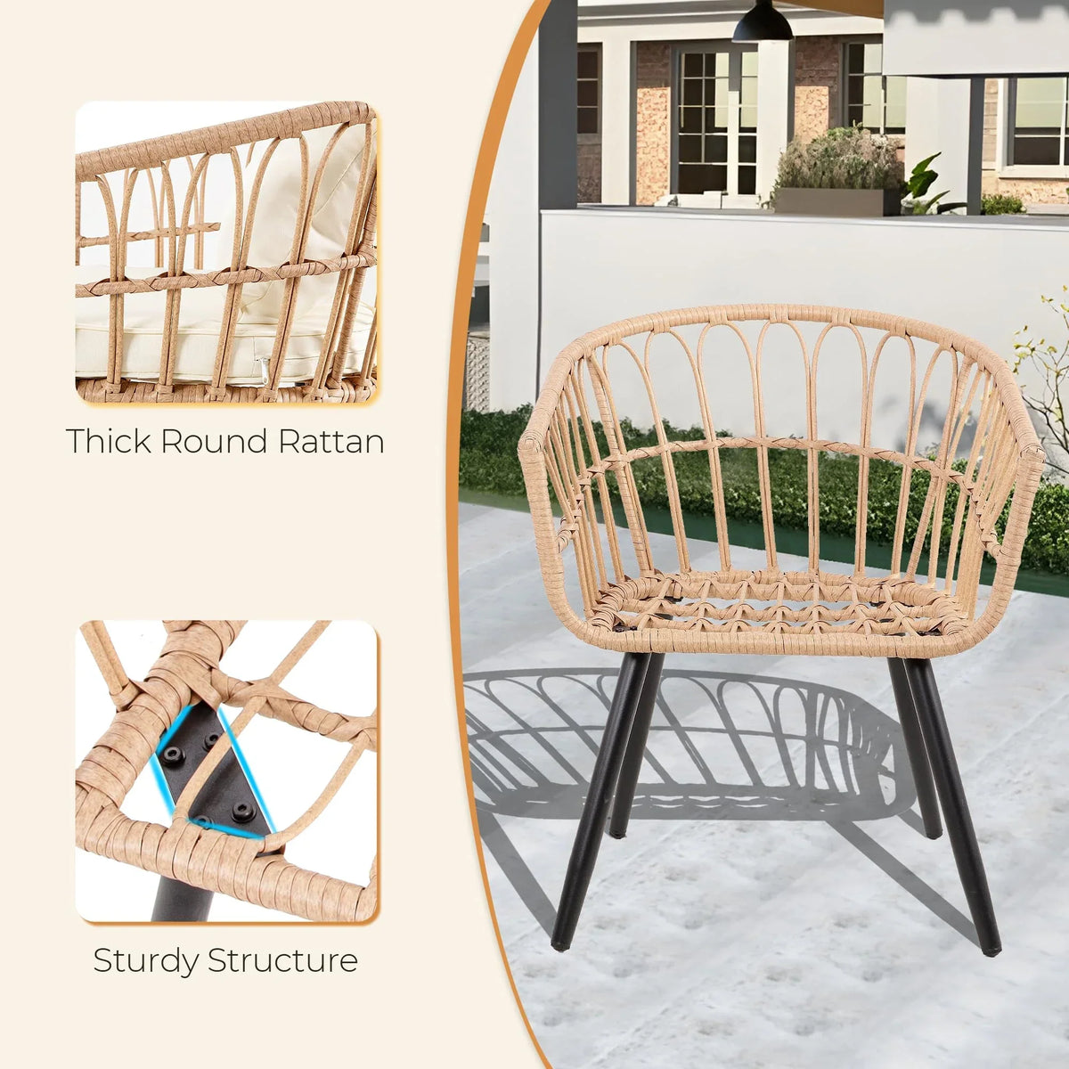 Nouveauté 2026 – Ensemble bistro de patio 3 pièces FHFO , mobilier d'extérieur en résine tressée pour balcon, appartement ou terrasse, ensemble table et chaises en rotin (2 pièces), beige