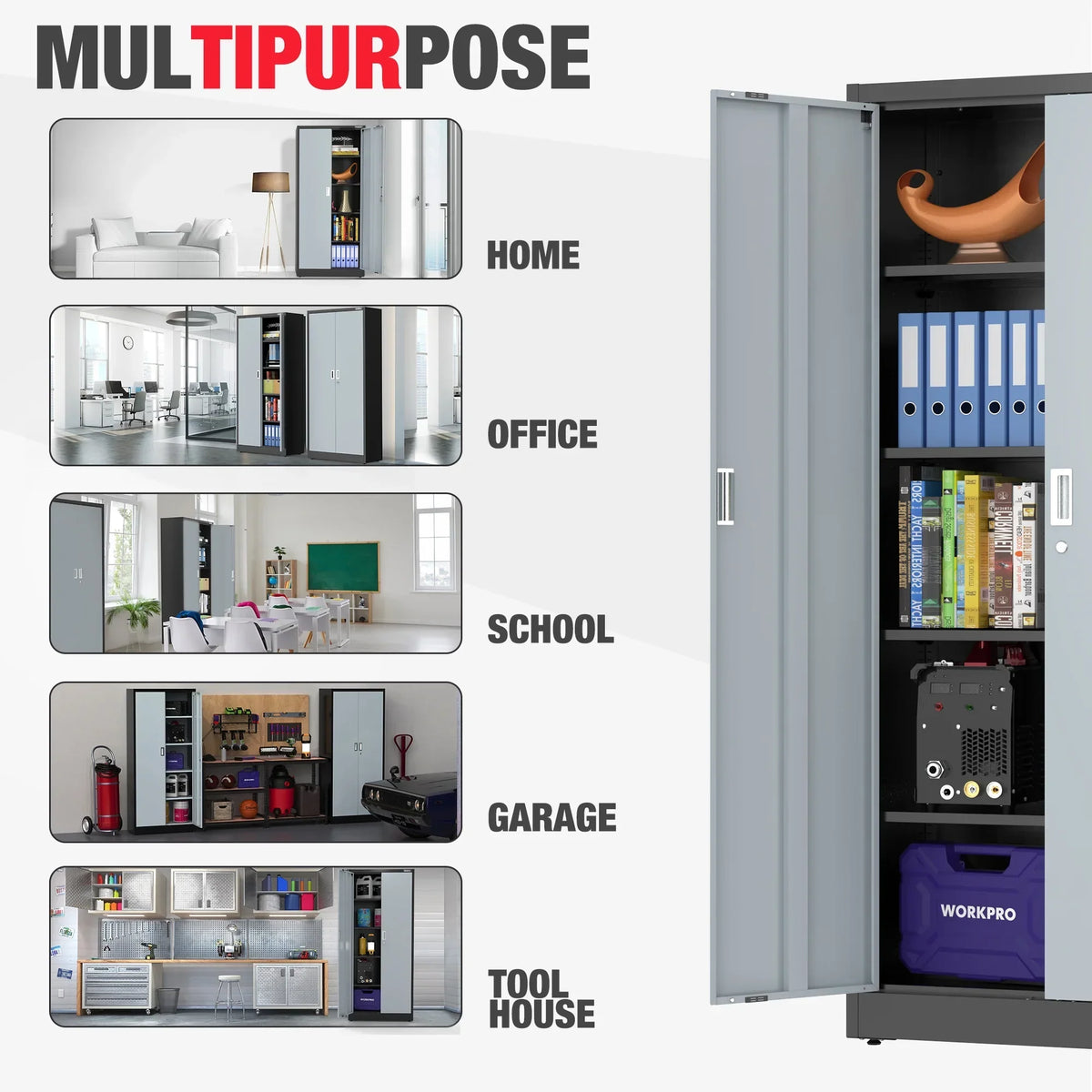 Nouveauté 2026 – Armoire de rangement métallique WORKPRO avec portes verrouillables et étagères réglables, hauteur 180 cm (71 pouces), idéale pour les outils, le bureau, la maison et les ateliers (noir), emballage soigné