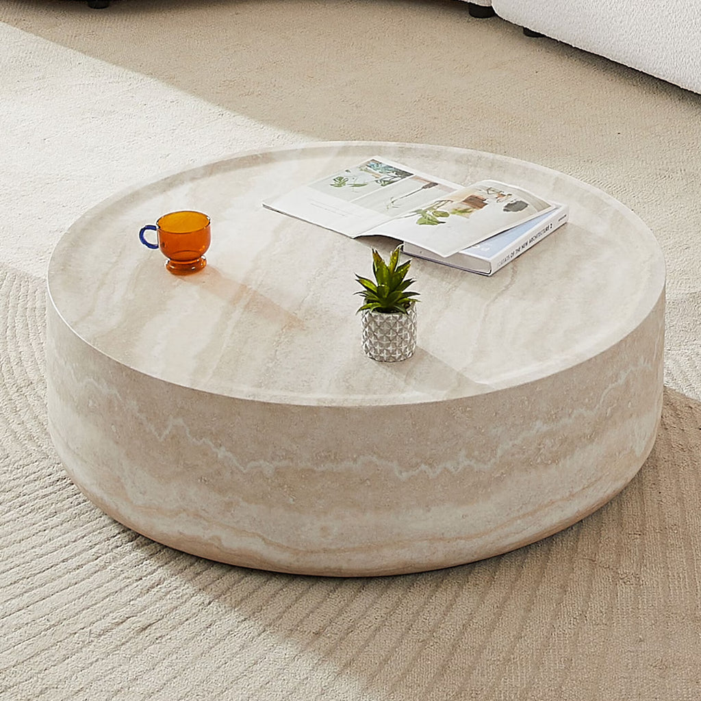 Nouveauté 2026 – Table basse ronde 31,49'' avec texture marbre, table basse circulaire moderne en fibre de verre, table d'appoint pour salon ou extérieur, livrée montée, finition marbre