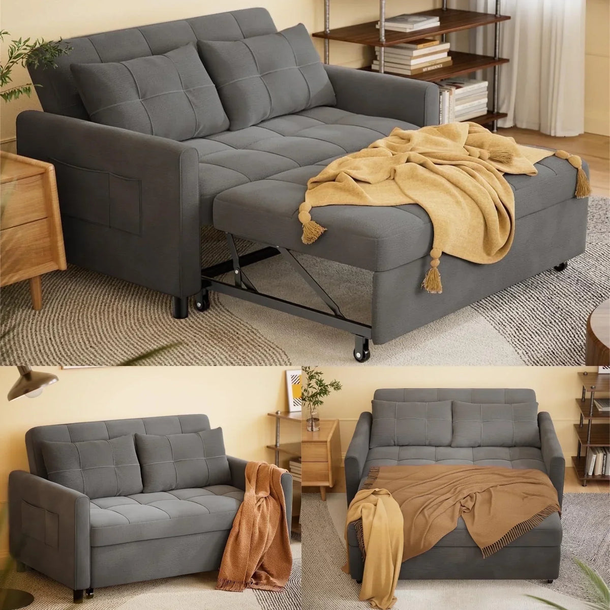 Nouveauté 2026 – Canapé-lit convertible 3 en 1 Lofka avec rangement, dossier réglable et fonction gigogne - Fauteuil-lit idéal pour les petits espaces et les appartements, gris foncé