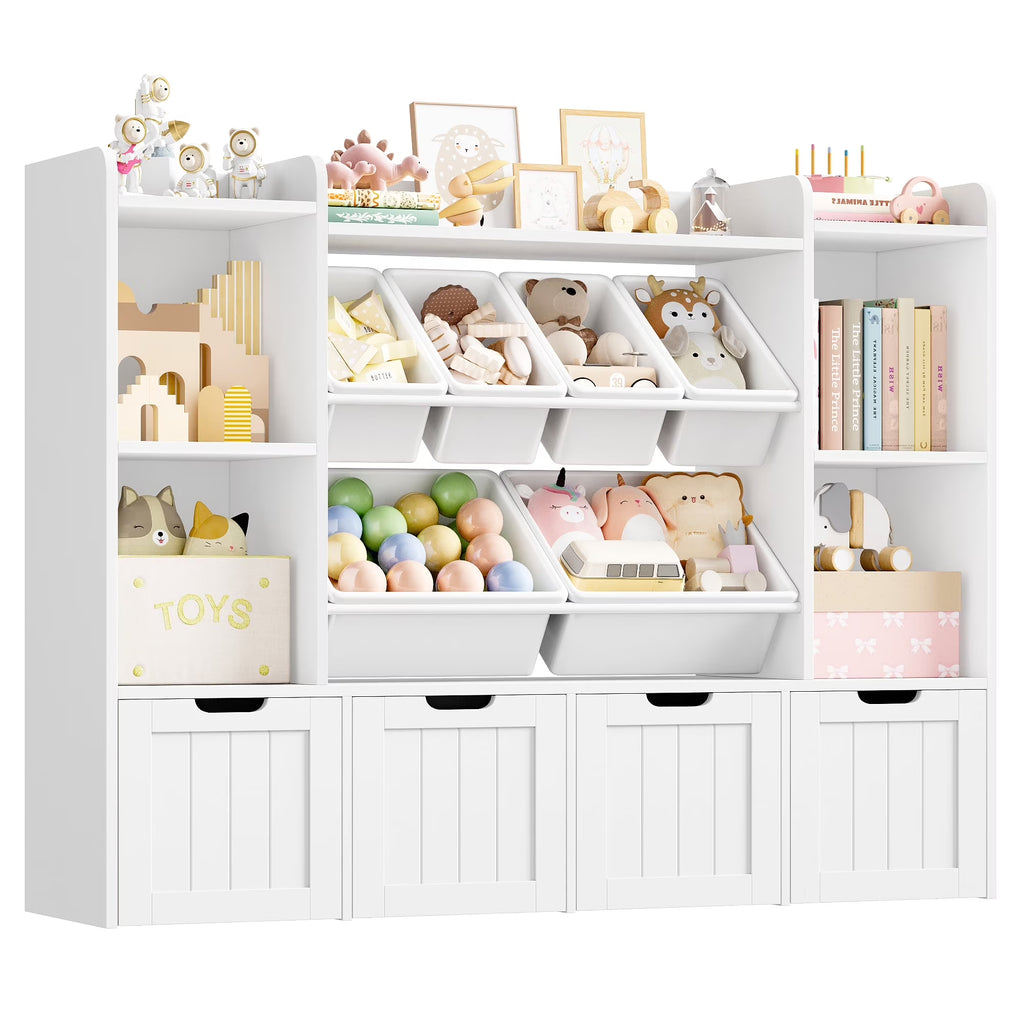 Nouveauté 2026 – Bibliothèque enfant Hiphuta à 3 niveaux avec rangement pour jouets, en bois, composée de 6 boîtes et 4 tiroirs amovibles, blanche