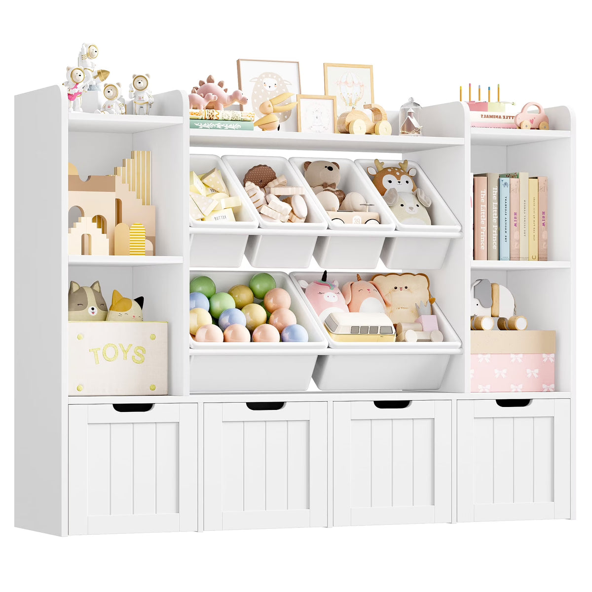 Nouveauté 2026 – Bibliothèque enfant Hiphuta à 3 niveaux avec rangement pour jouets, en bois, composée de 6 boîtes et 4 tiroirs amovibles, blanche