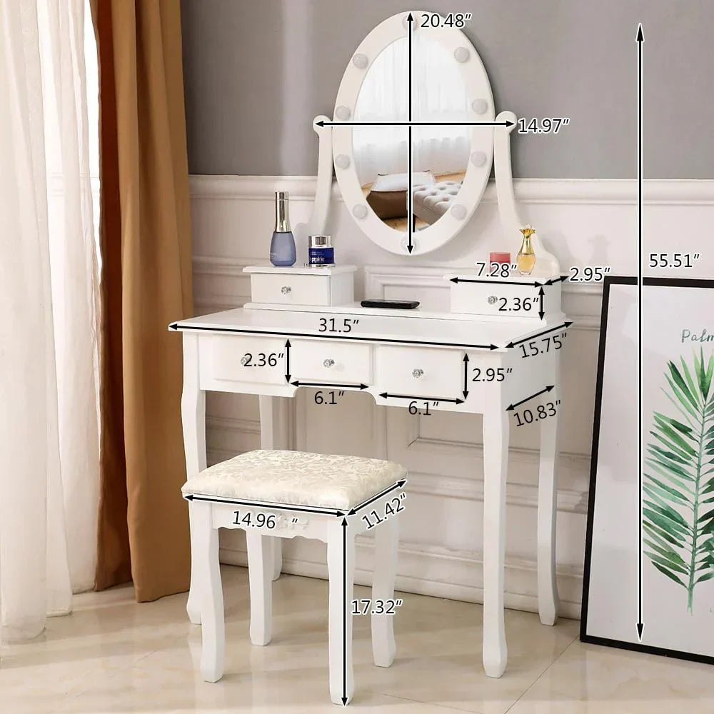 Nouveauté 2026 – Coiffeuse Ktaxon avec 10 lumières LED, 5 tiroirs et tabouret rembourré, ensemble de coiffeuse blanc pour chambre à coucher