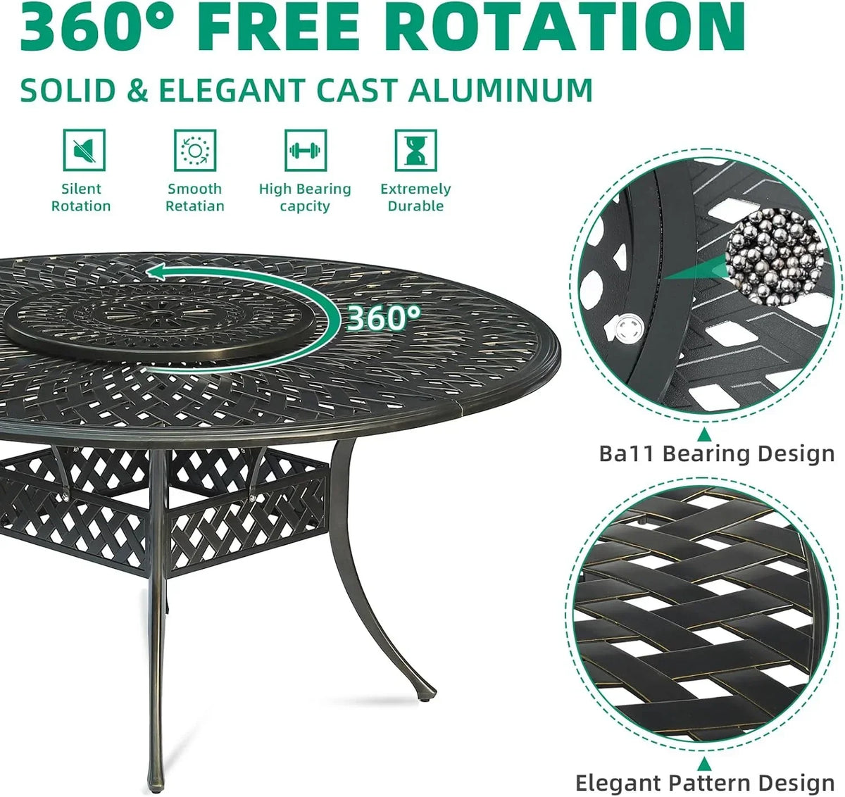 Nouveauté 2026 – Table de salle à manger d'extérieur VIVIJASON , 155 cm (61 po), pour 6 à 8 personnes, grande table ronde avec plateau tournant de 61 cm (24 po), en aluminium moulé bronze foncé au style rustique, avec trou pour parasol, idéale pour b
