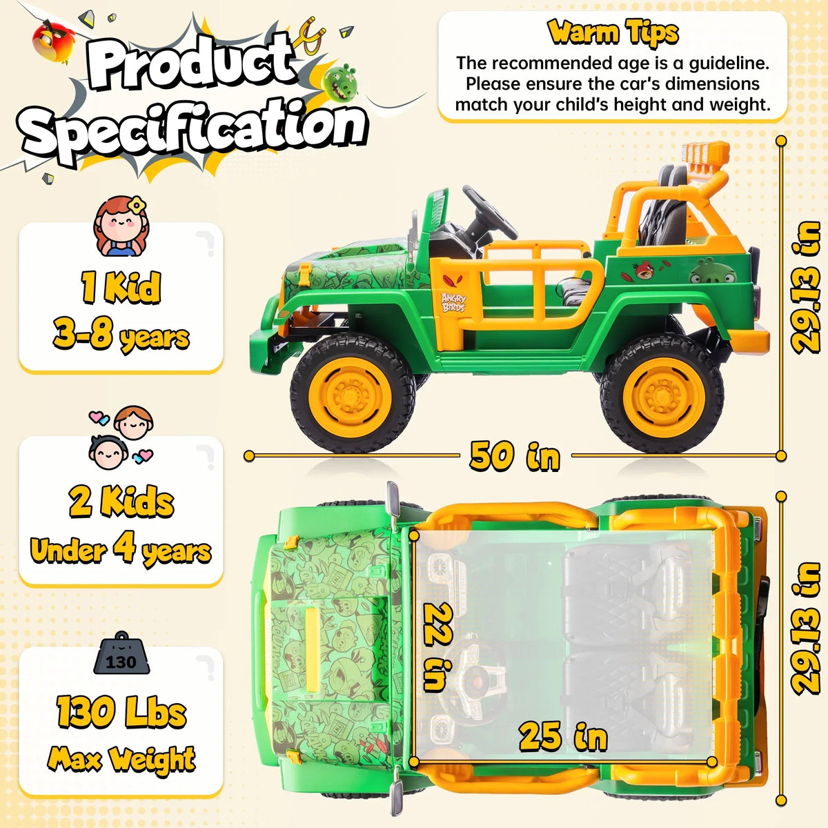 Nouveauté 2026 – Joyracer , véhicule électrique 24 volts pour enfants de 3 à 8 ans, sous licence Angry Birds, avec télécommande, pelle, Bluetooth, phares et roues motorisées. Convient aux enfants jusqu'à 60 kg (130 lbs). Couleur verte