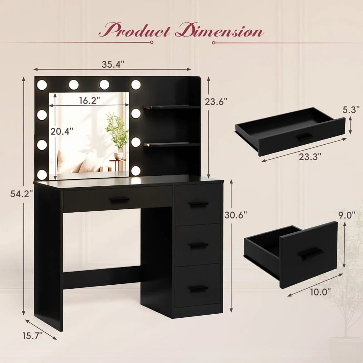 Nouveauté 2026 – Coiffeuse Lacoo avec miroir et éclairage LED, meuble de maquillage avec 7 tiroirs et 4 étagères, table de toilette avec prise électrique pour chambre ou dressing, blanche