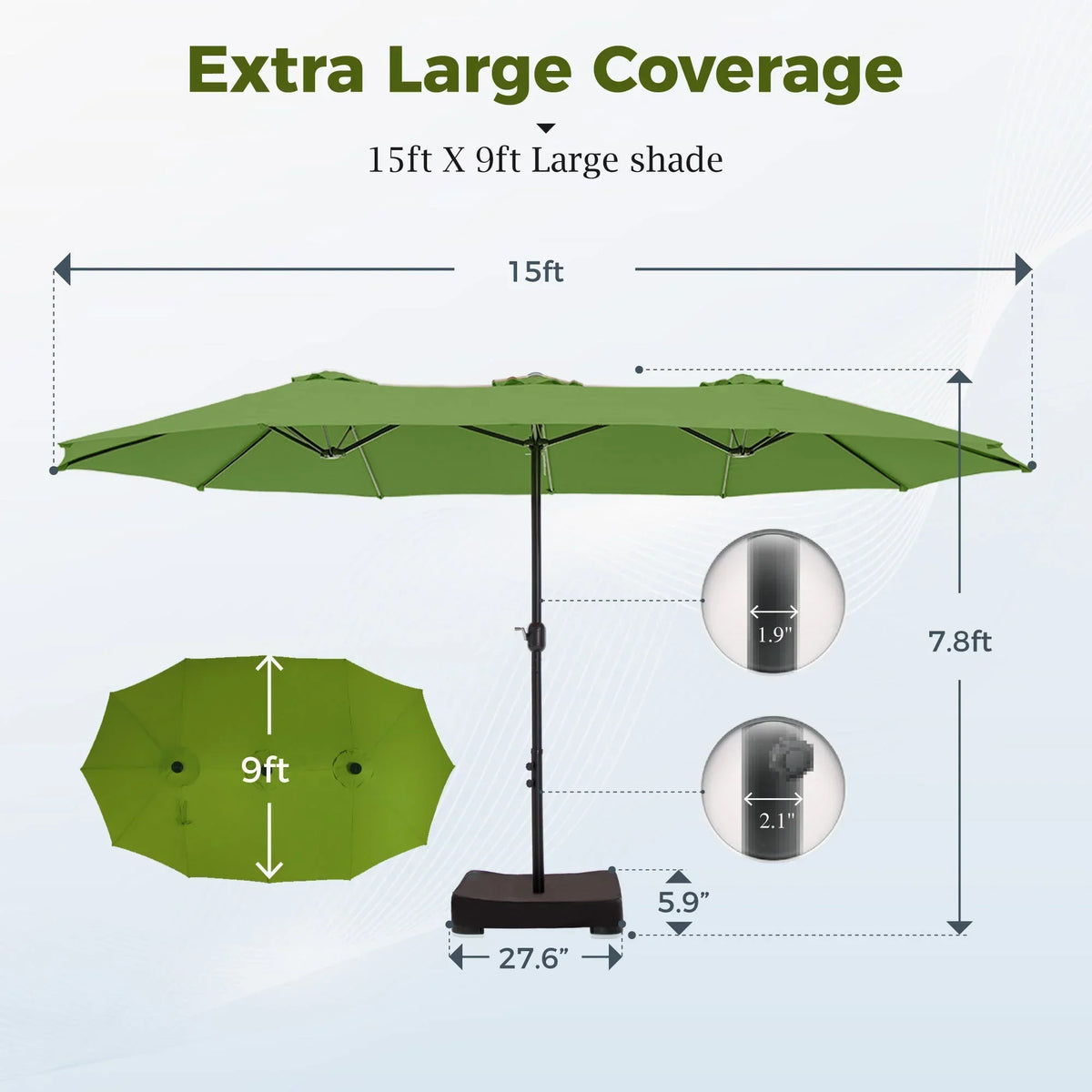 Nouveauté 2026 – Parasol de jardin extra-large Alpha Joy 4,57 m (15 pi) à double face avec manivelle et base - Gris fumé