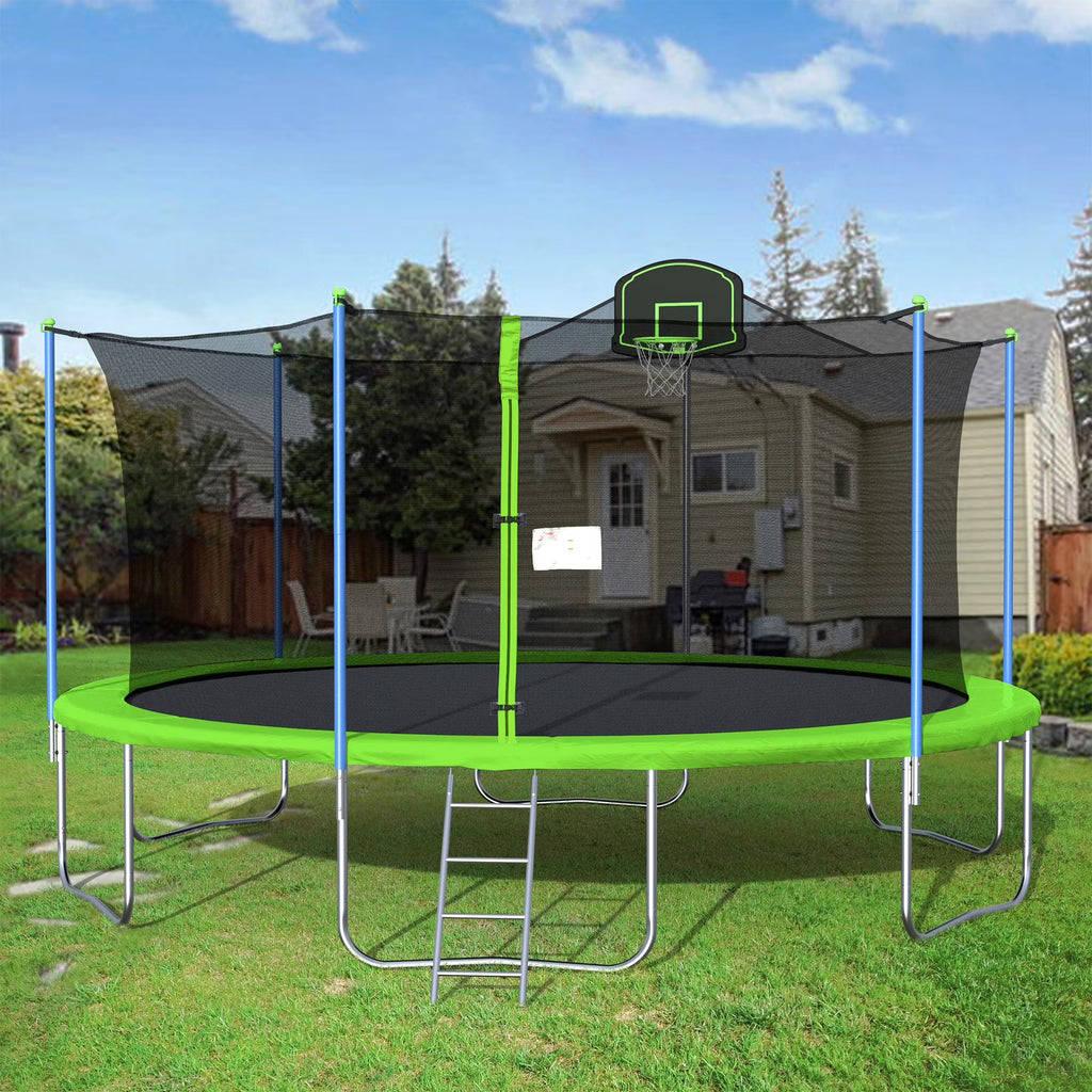 Nouveauté 2026 – Trampoline d'extérieur 4,27 m (14 pi) neuf de avec filet de sécurité, structure tubulaire en acier, échelle et filet de protection - Modèle robuste, bleu