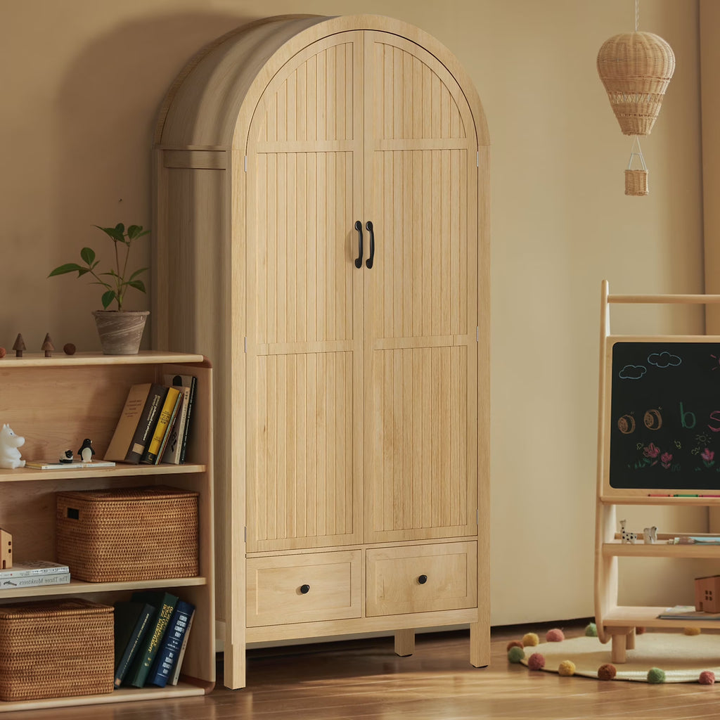 Nouveauté 2026 – Armoire-penderie cintrée Oubayajia avec portes cannelées, en bois, avec tiroirs, étagères et tringle pour chambre à coucher