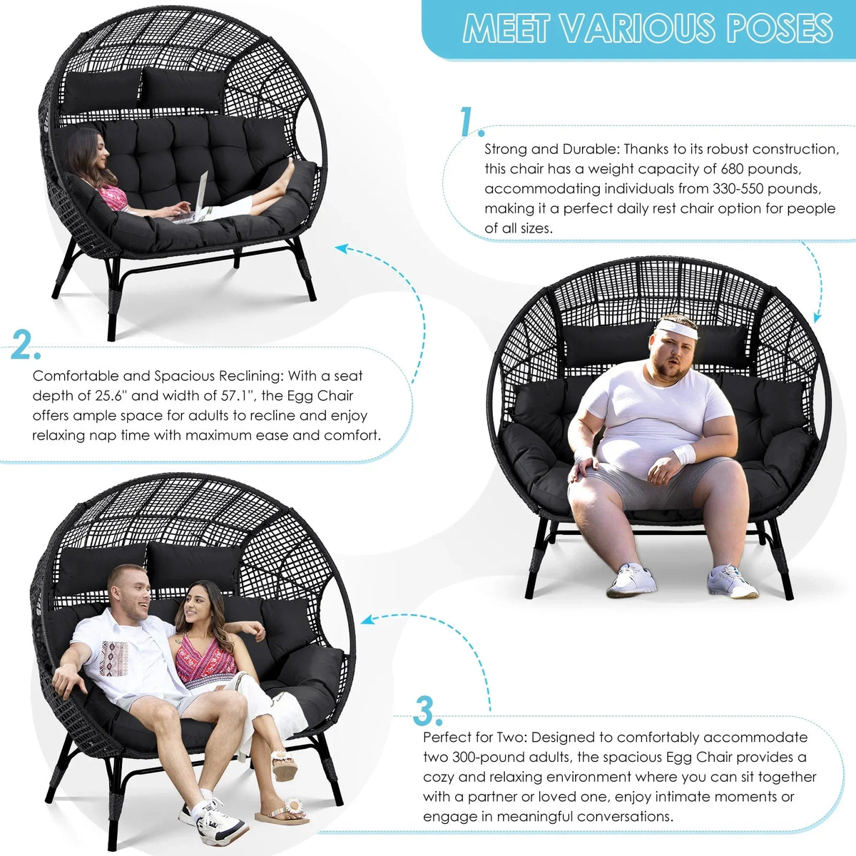 Nouveauté 2026 – Fauteuil double œuf RADIATA pour 2 personnes, canapé deux places surdimensionné en résine tressée avec coussins épais, capacité de 308 kg, fauteuil de jardin/terrasse fixe pour intérieur/extérieur, balcon, jardin, beige